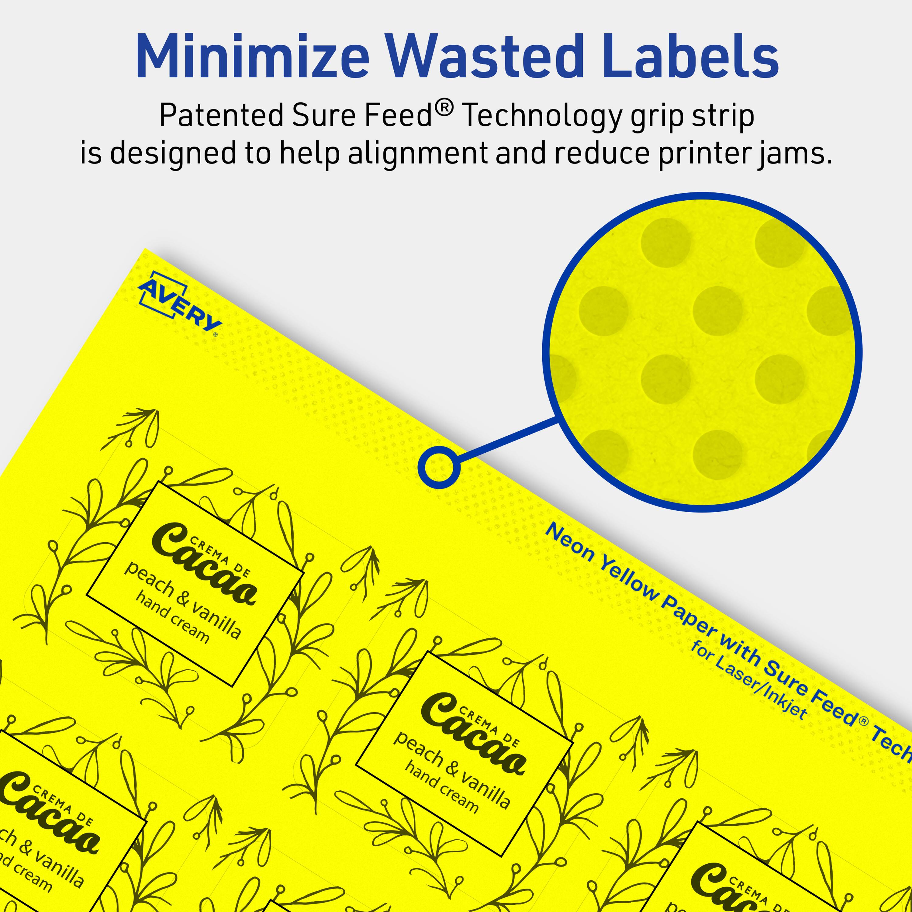 Minimize Wasted Labels

Patented Sure Feed® Technology grip strip is designed to help alignment and reduce printer jams.

AVERY

Neon Yellow Paper with Sure Feed® Technology for Laser/Inkjet

Cacaua CREMA DE peach & vanilla hand cream

Cacaua CREMA DE peach & vanilla hand cream