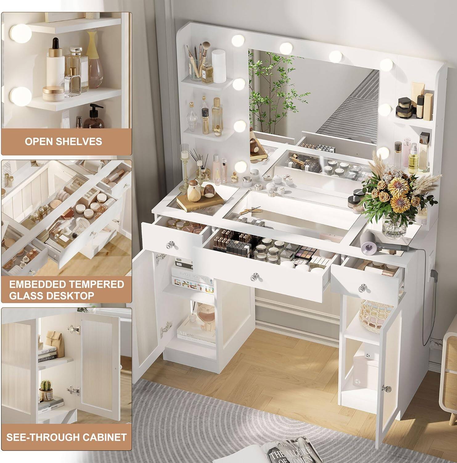 OPEN SHELVES  
EMBEDDED TEMPERED GLASS DESKTOP  
SEE-THROUGH CABINET
