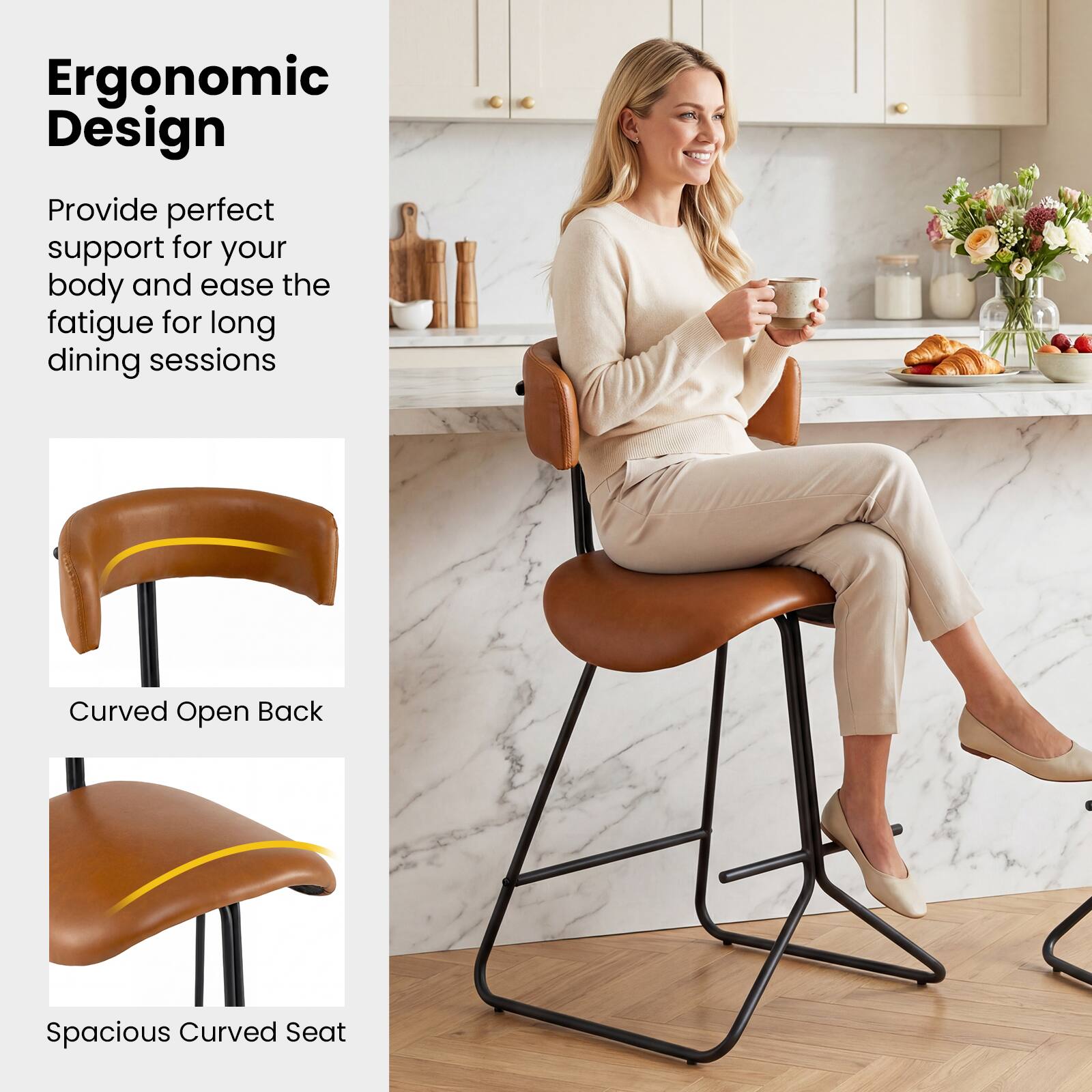 Ergonomic Design  
Provide perfect support for your body and ease the fatigue for long dining sessions  

Curved Open Back  
Spacious Curved Seat