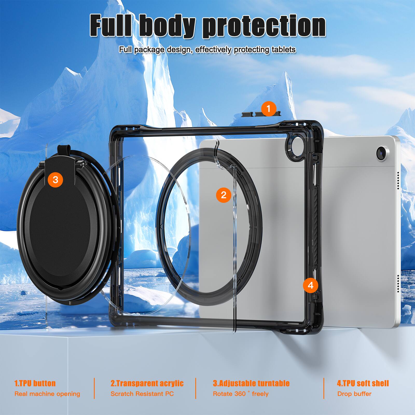 Full body protection  
Full package design, effectively protecting tablets  

1. TPU button  
Real machine opening  

2. Transparent acrylic  
Scratch Resistant PC  

3. Adjustable turntable  
Rotate 360° freely  

4. TPU soft shell  
Drop buffer