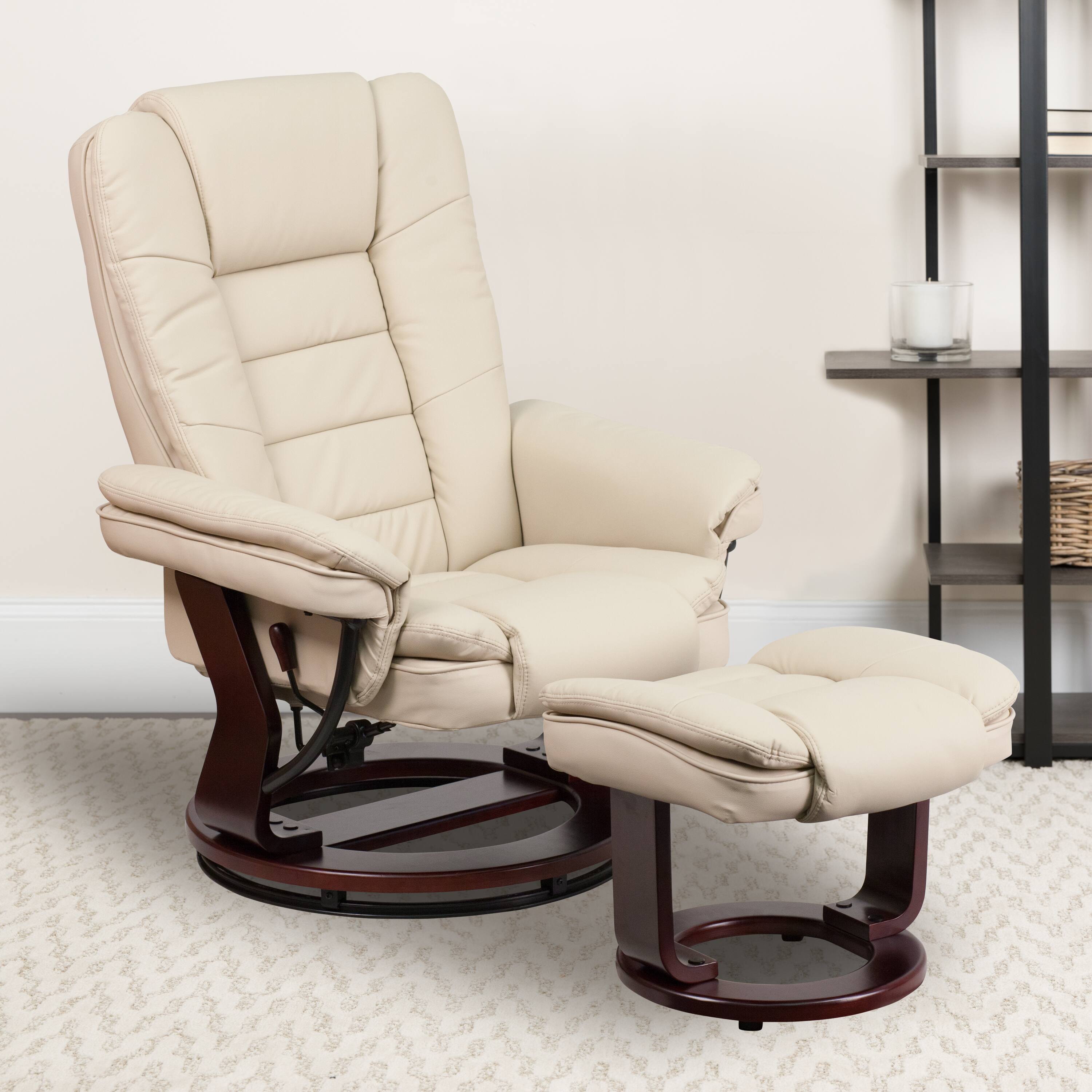 Alt View 12. Alamont Home - Bali Beige LeatherSoft Multi-Position Recliner &Ottoman w/Swivel Mahogany Wood Base - Beige.