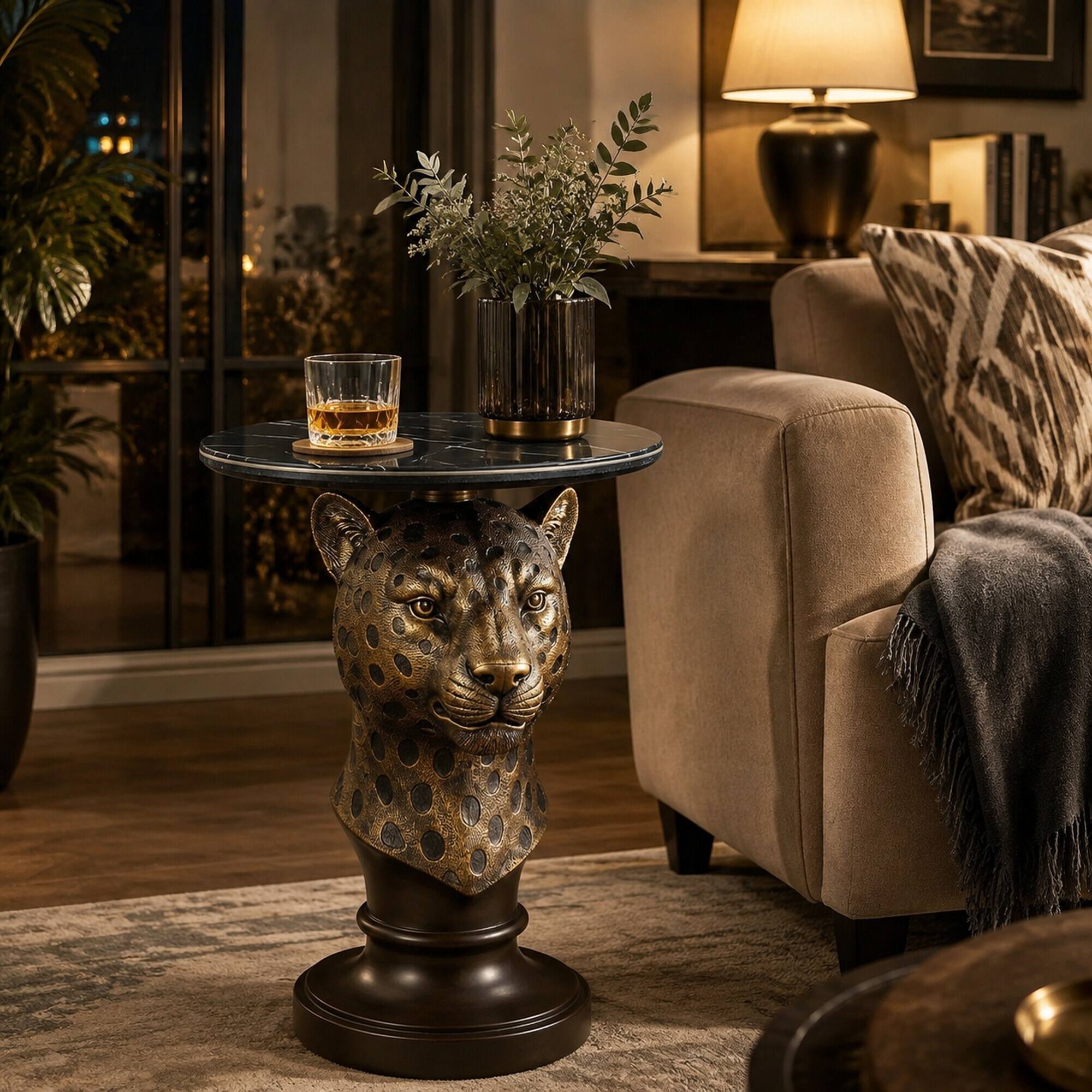 Left. RYHNUYNE - Leopard Head Accent Table with Round Faux Marble Top for Living Room, Hallway, or Boutique Display - brown.