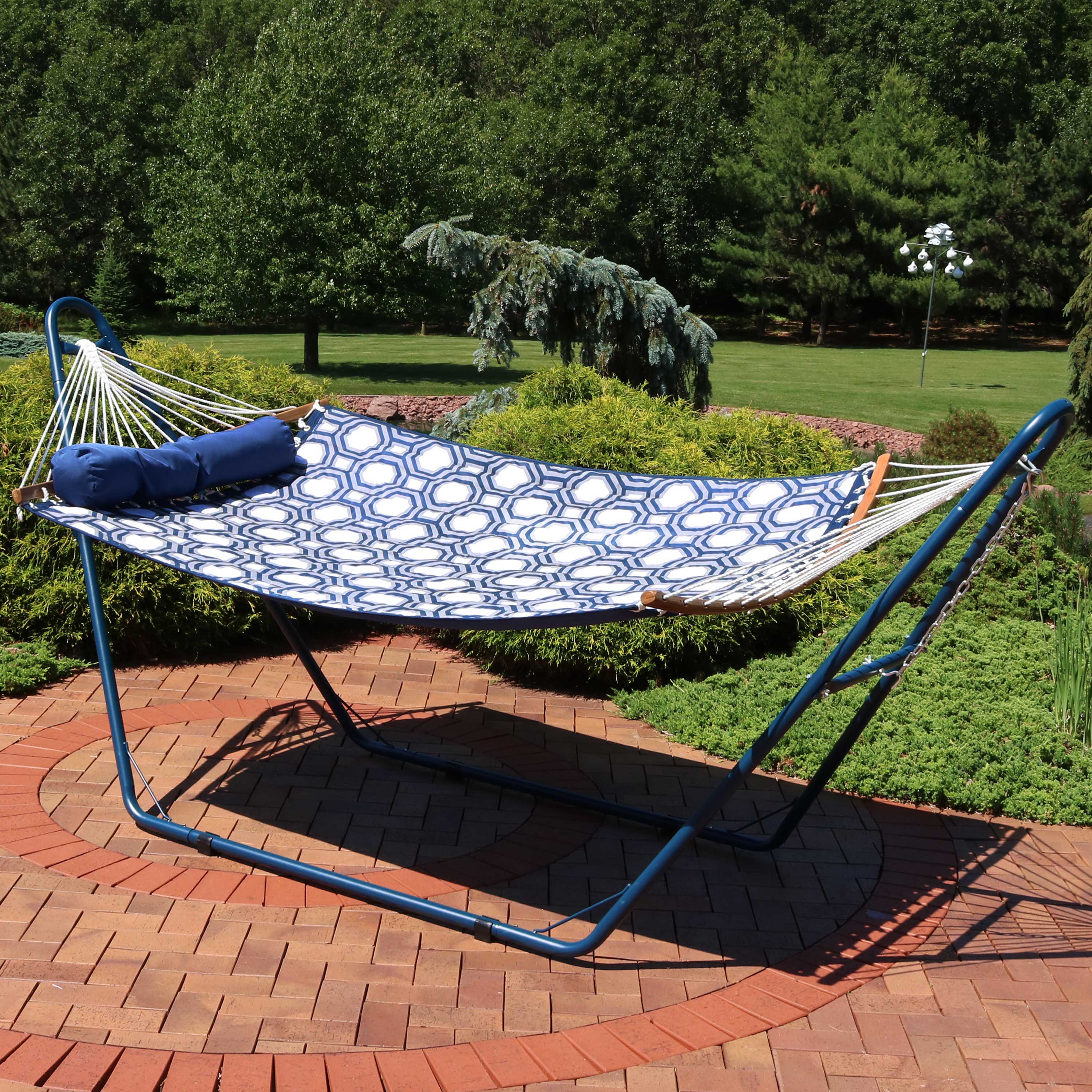 Alt View 1. Sunnydaze - 2-Person Quilted Fabric Hammock with Blue Steel Stand - Dark Blue.