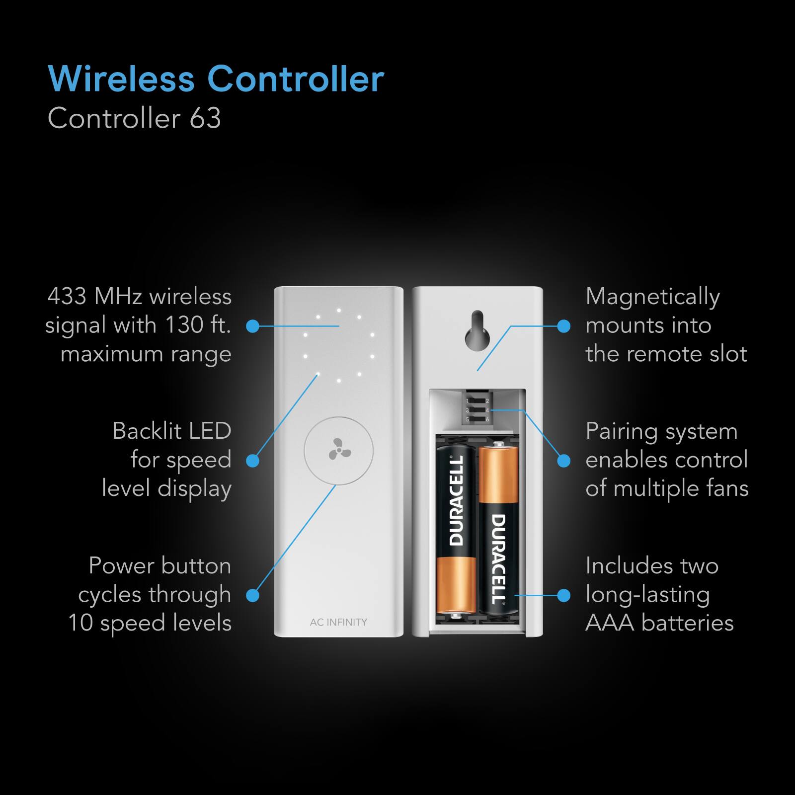 Wireless Controller  
Controller 63

433 MHz wireless signal with 130 ft. maximum range  
Backlit LED for speed level display  
Power button cycles through 10 speed levels

AC INFINITY

DURACELL  
DURACELL

Magnetically mounts into the remote slot  
Pairing system enables control of multiple fans  
Includes two long-lasting AAA batteries