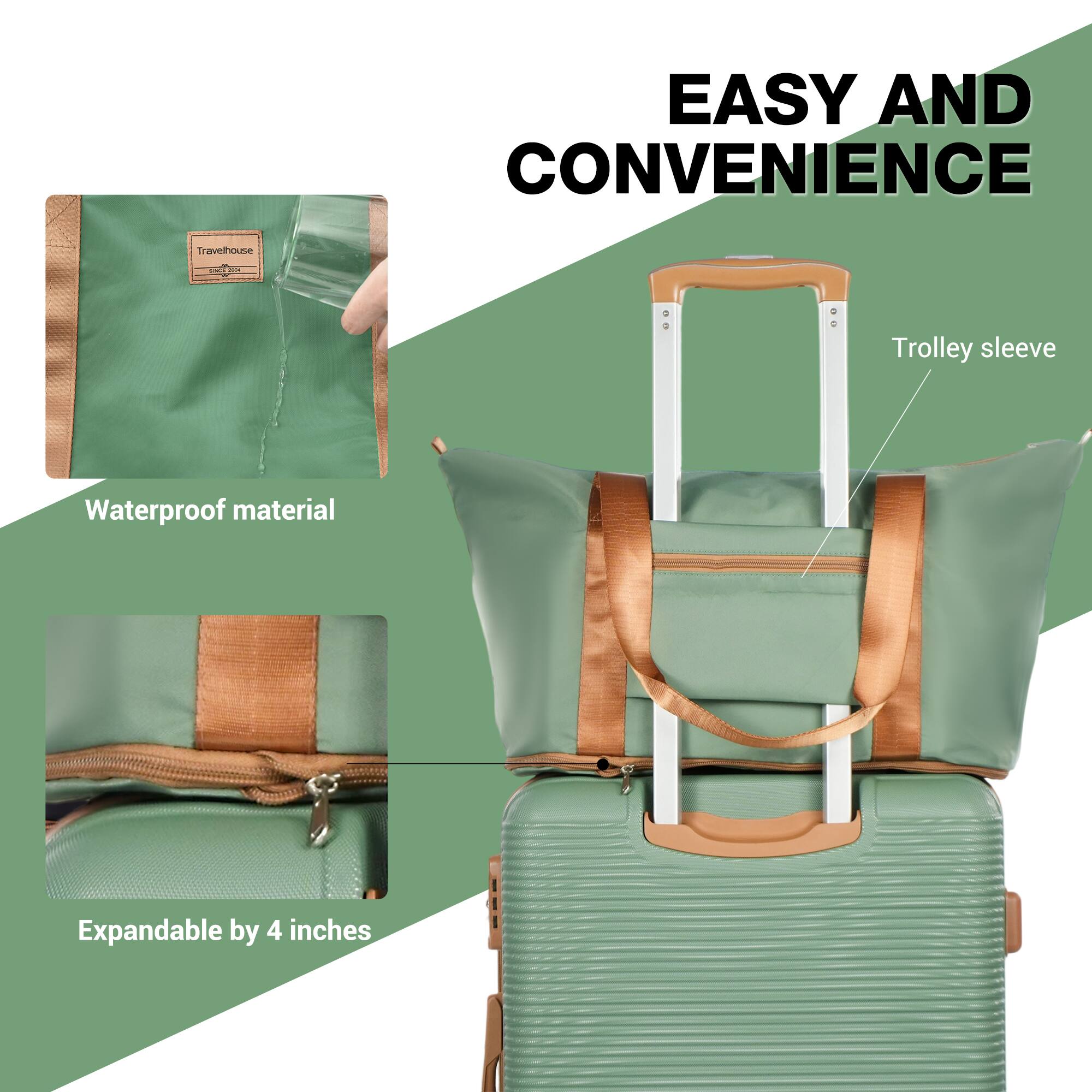 EASY AND CONVENIENCE

Travelhouse
100g

Trolley sleeve
Waterproof material
Expandable by 4 inches