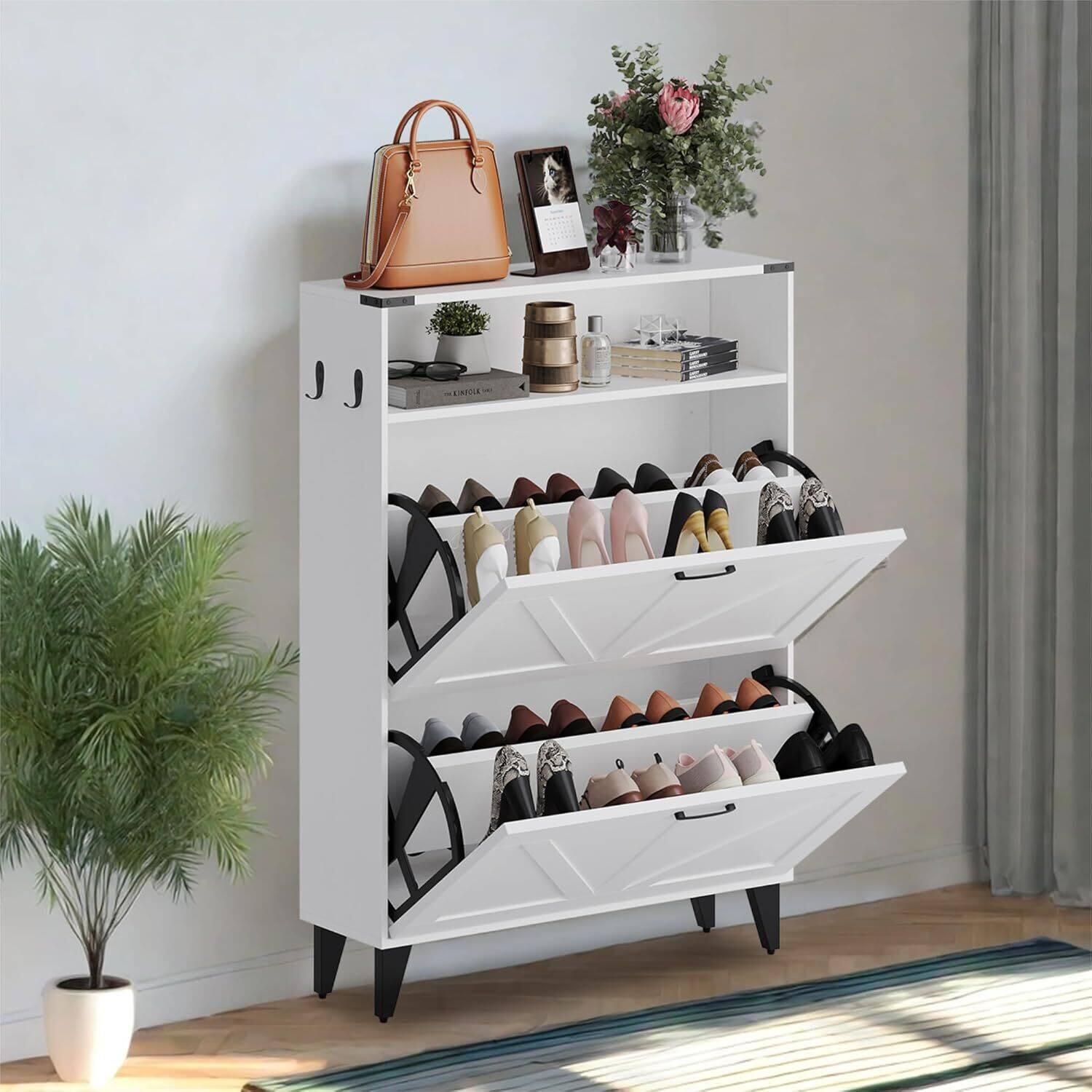 GARVEE - 2 Flip Drawers Shoe Cabinet for Entryway, Freestanding Slim Shoe Storage Cabinet with Open Shelf & Metal Legs - White