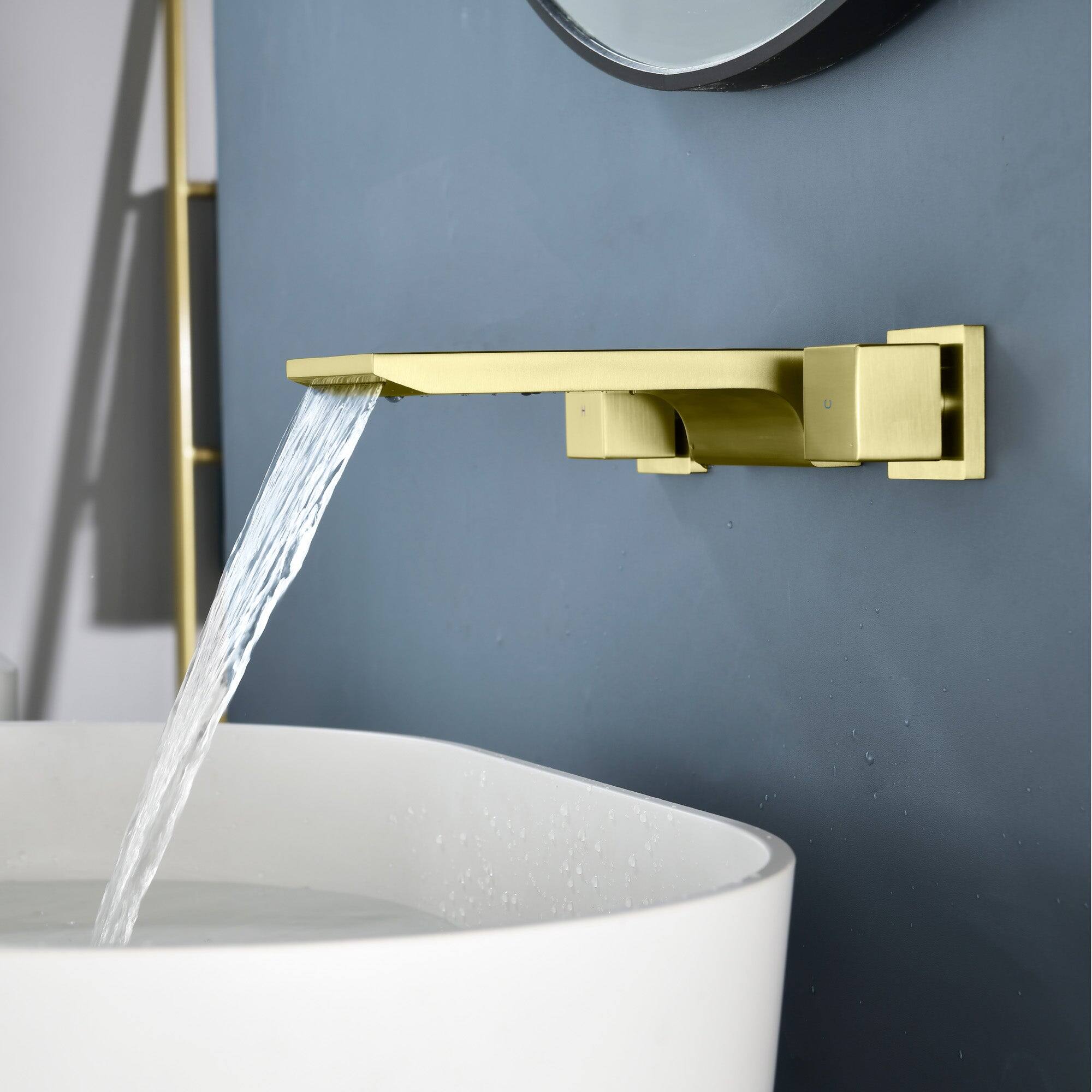 Alt View 3. Boyel Living - Brushed Gold Wall Mount Faucet SUS304 Waterfall Spout Brass Body Dual Handle 1/2NPT Thread - Brushed Gold.