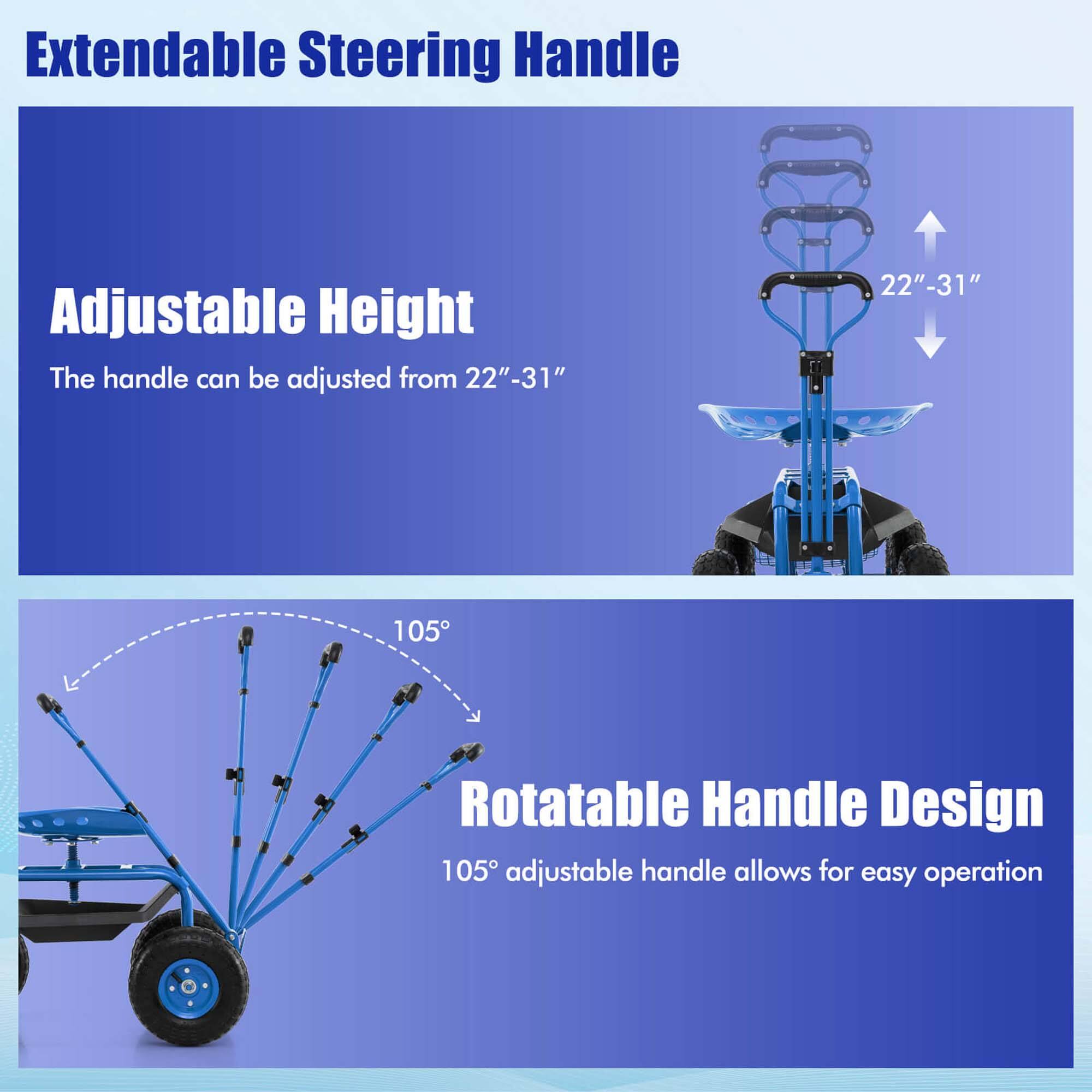 Extendable Steering Handle

Adjustable Height
The handle can be adjusted from 22"-31"

Rotatable Handle Design
105° adjustable handle allows for easy operation