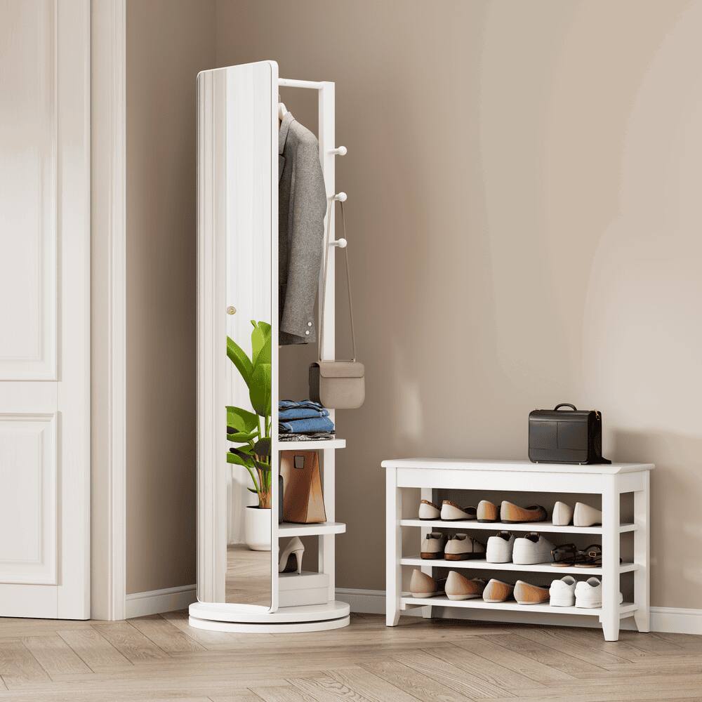 Angle. Kadyn - 69"x16" 360° Rotating Multifunctional Mirror, Solid Wood Mirror with Hook Storage & Coat Rack for Bedroom/Cloakroom.