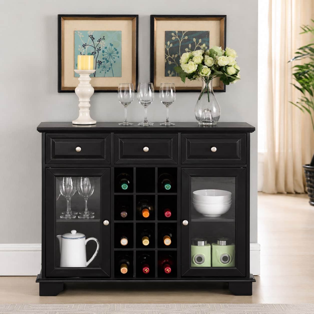 Kings Brand Furniture - Buffet Server Sideboard Cabinet with Wine Storage - Black