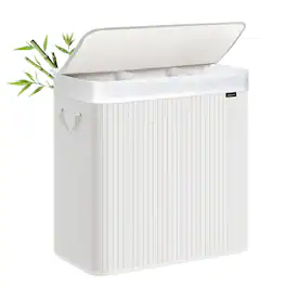 Songmics Home - Laundry Hamper, 39.6 Gallons (150L), 3-Section Laundry Basket, Laundry Hamper with Lid, Bamboo, Foldable - White