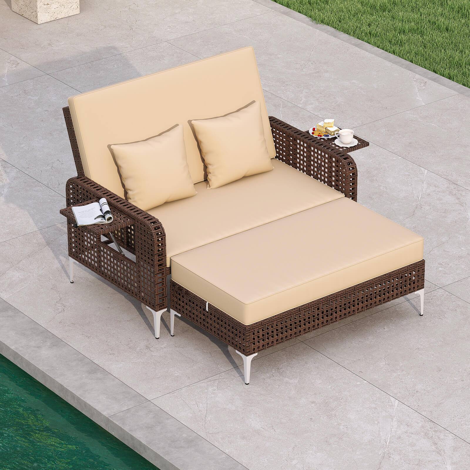 Alt View 3. Costway - Costway 2 PCS Wicker Loveseat & Storage Ottoman with  4-Level Backrest & Soft Cushion - Brown.