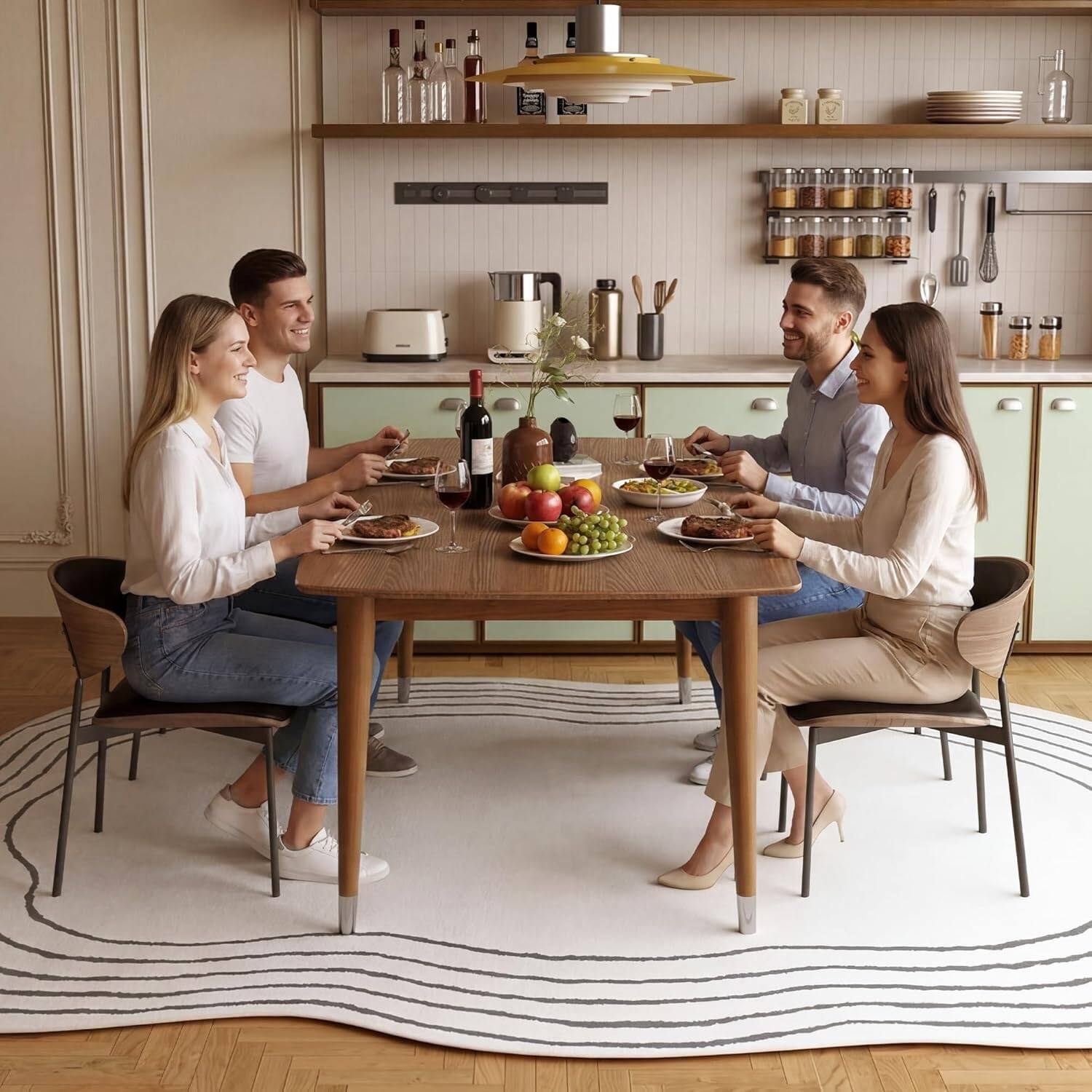 Back. luck idea - 62.9" Solid Wood Veneer Dining Table, Rounded Oval Waterproof Dinner Table Stable Wood Legs Seats 4-8 People for Kitchen - brown.