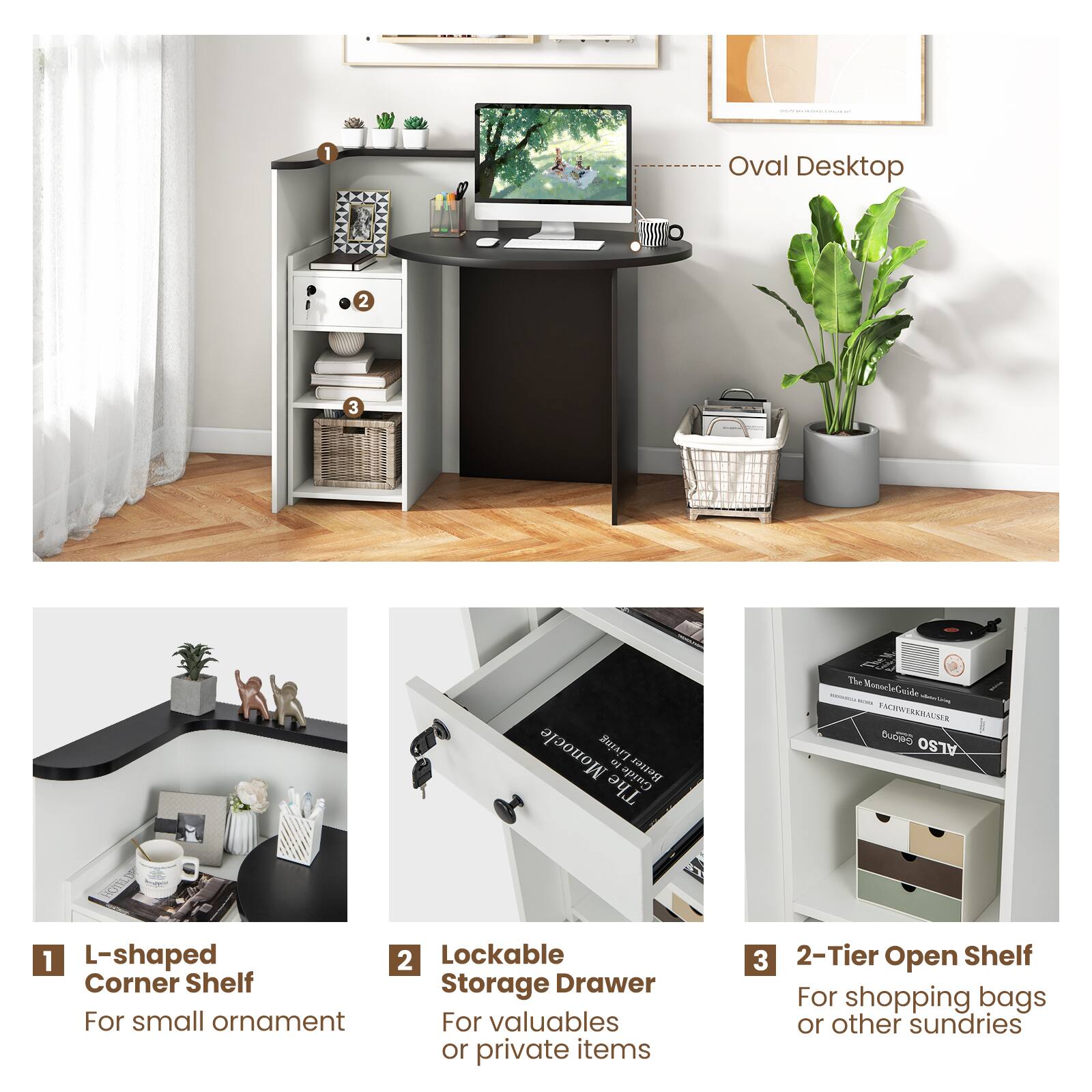 I | T | 1 | Oval Desktop | 2 | 3 | Monocle Living a The Guide The Mooo trside NWN NAR Bubsel ALSO 1 | L-shaped Corner Shelf | For small ornament | 2 | Lockable Storage Drawer | For valuables or private items | 3 | 2-Tier Open Shelf | For shopping bags or other sundries