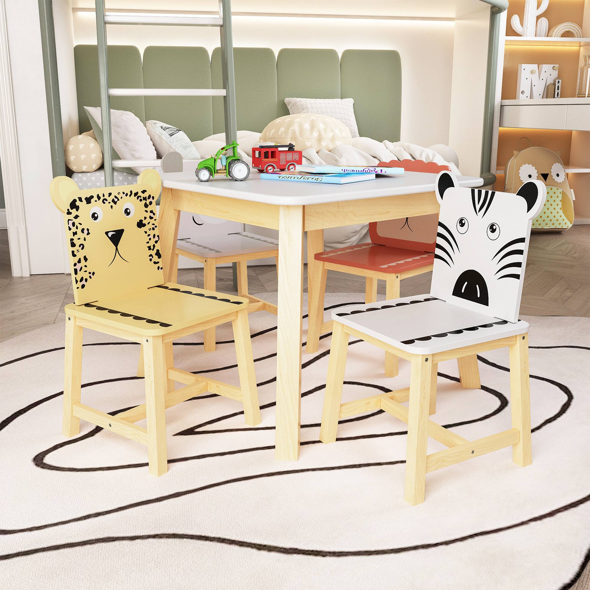 Alt View 7. Tiramisubest - 5 Piece Kiddy Table and Chair Set, Kids Wood Table with 4 Chairs Set Cartoon Animals (bigger table) (3-8 years old) - White.