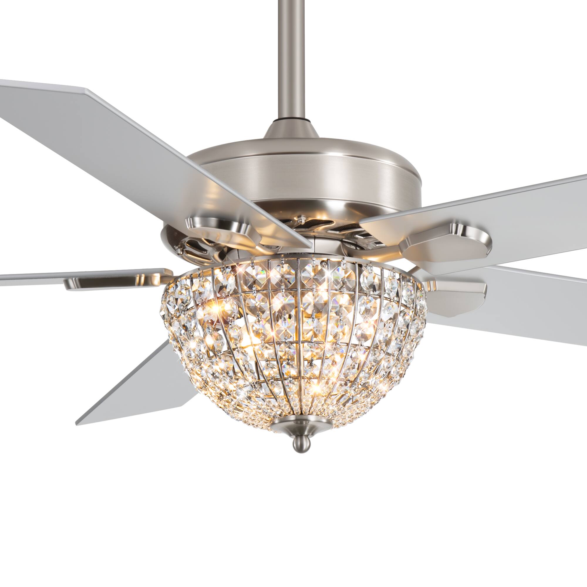 Left. Breezary - 52'' Indoor Ceiling Fan with Crystal-Bead Bowl Light, 5 Reversible Blades, Timer, DC Motor, Remote & 6″ Downrod - Satin Nickel.