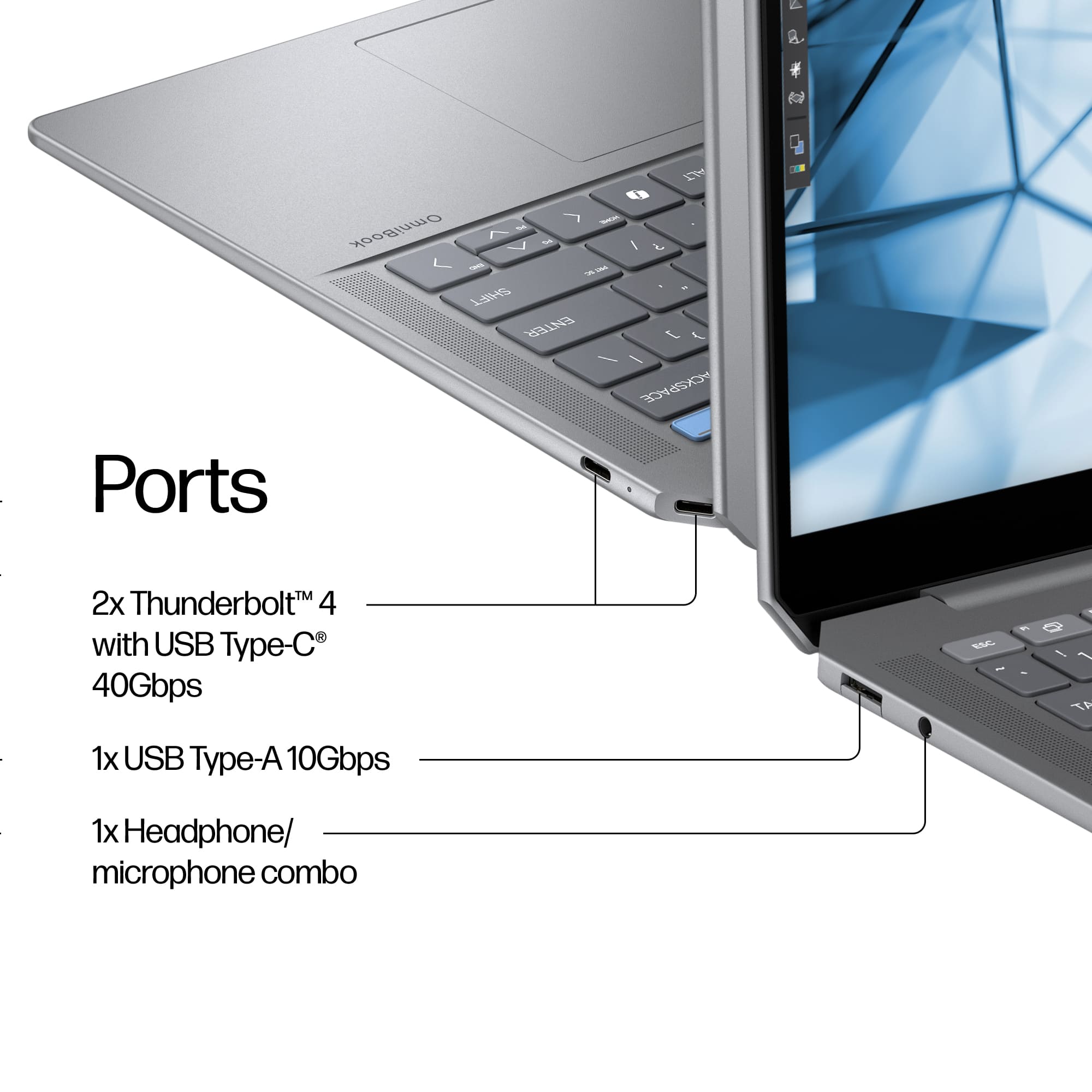 The image shows a laptop with the text "Ports" on it. The laptop has two Thunderbolt 4 ports with USB Type-C, which can support 40Gbps BEC. Additionally, there is one USB Type-A port that can support 10Gbps. The laptop also has a headphone/microphone combo.