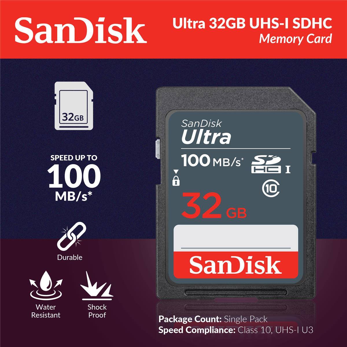 Ultra 32GB UHS-I SDHC SanDisk Memory Card 32GB SPEED UP TO 100 MB/s* SanDisk Ultra 100 MB/s* S HC I 1 10 32 GB Durable SanDisk Water Resistant Shock Proof Package Count: Single Pack Speed Compliance: Class 10, UHS-I U3