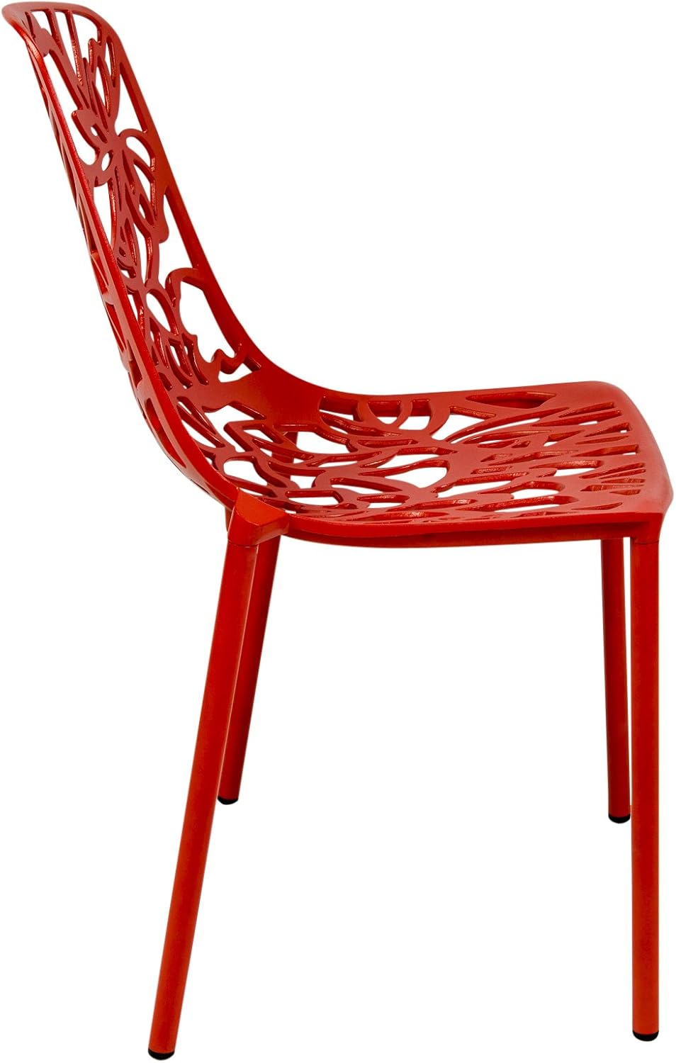 Left. LeisureMod - Devon Stackable Aluminum Dining Chair, Modern Floral Cutout Indoor/Outdoor Patio Chair - Fully Assembled - Red.