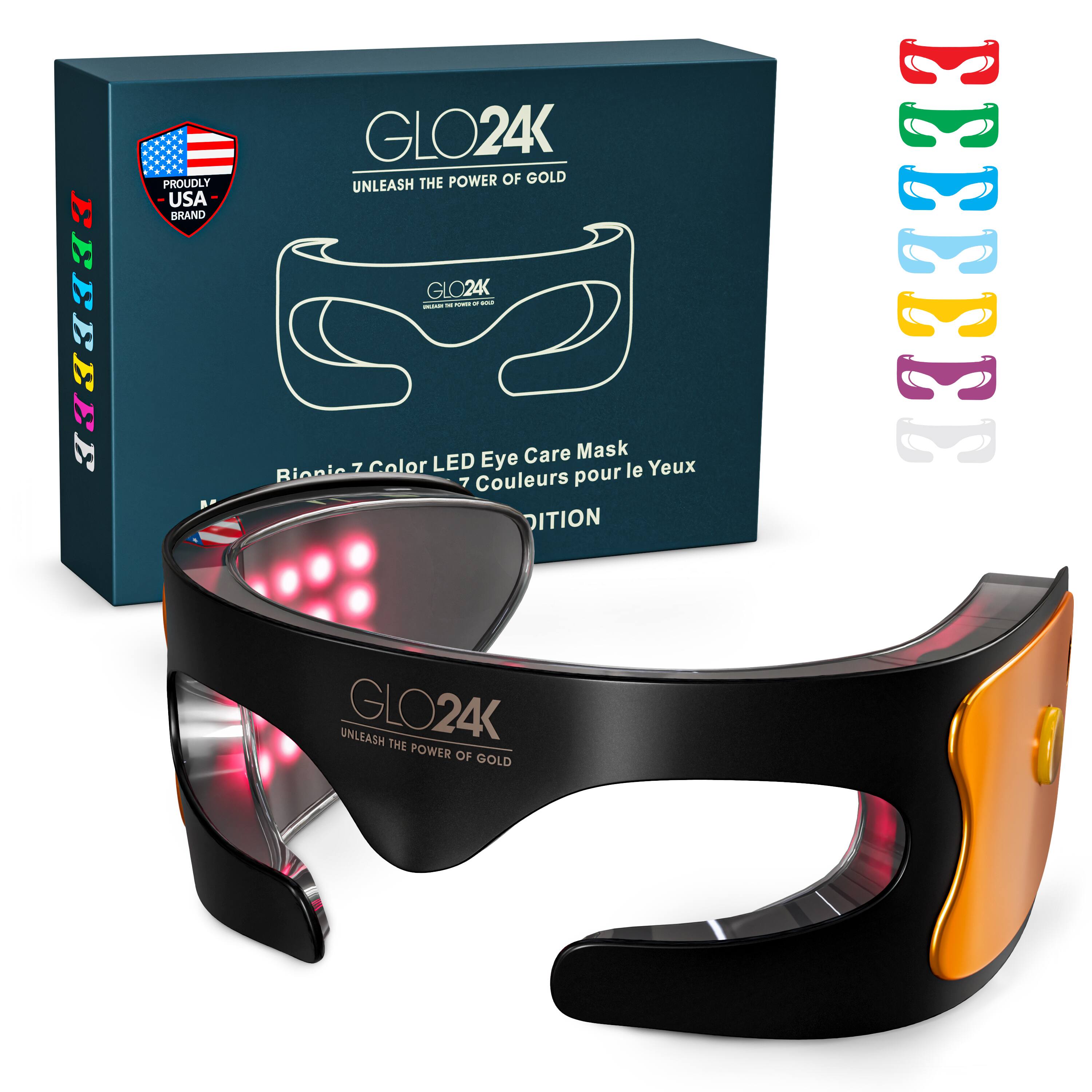GLO24K - Unleash the Power of Gold  
Proudly USA Brand  
Rionic 7 Color LED Eye Care Mask  
7 Couleurs pour les Yeux