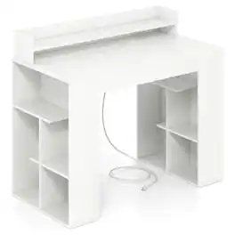 Costway - 43" Home Office Desk with Power Outlets Monitor Shelf Bookshelf & Cable Hole - White