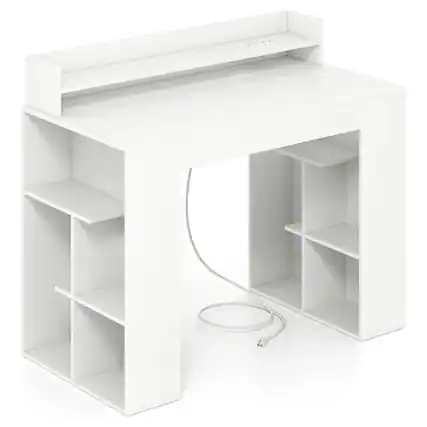 Front. Costway - Costway 43" Home Office Desk with Power Outlets Monitor Shelf Bookshelf & Cable Hole - White.