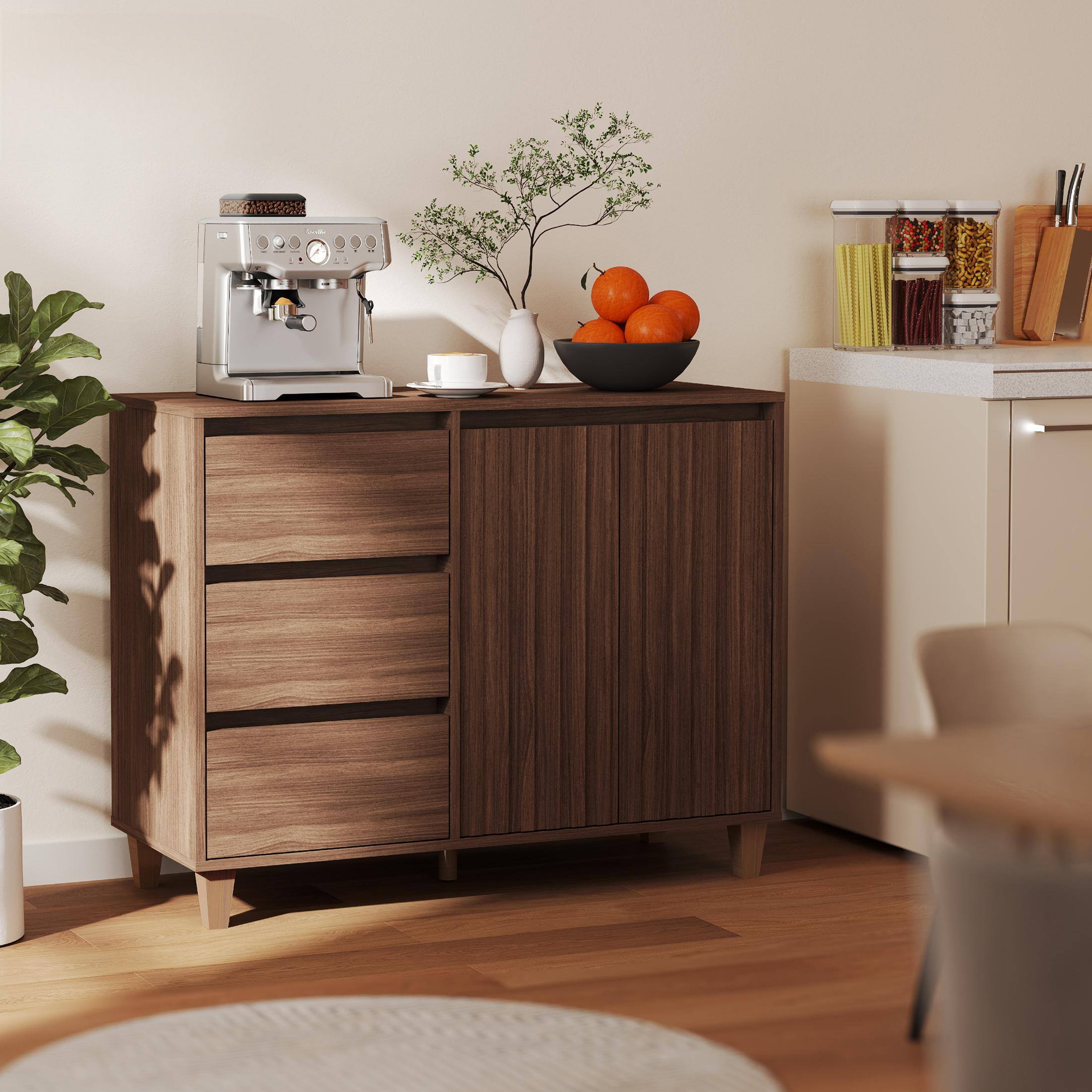 Alt View 7. Skyzoo - Skyzoo Buffet Sideboard with 3 Drawers & Adjustable Shelf, Farmhouse Kitchen Storage Cabinet - Walnut.