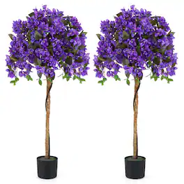 Gymax - 53'' Artificial Azalea Tree Faux Floral Plant w/ Red Azalea Flowers Nursery Pot - Green, Purple