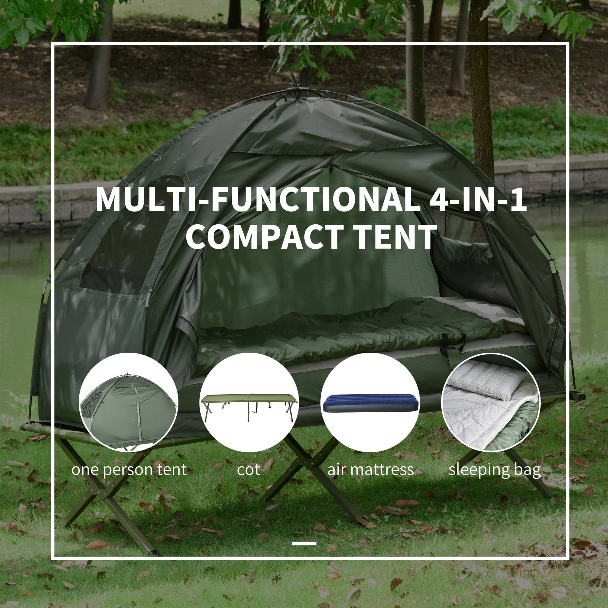 MULTI-FUNCTIONAL 4-IN-1 COMPACT TENT
one person tent
cot
air mattress
sleeping bag