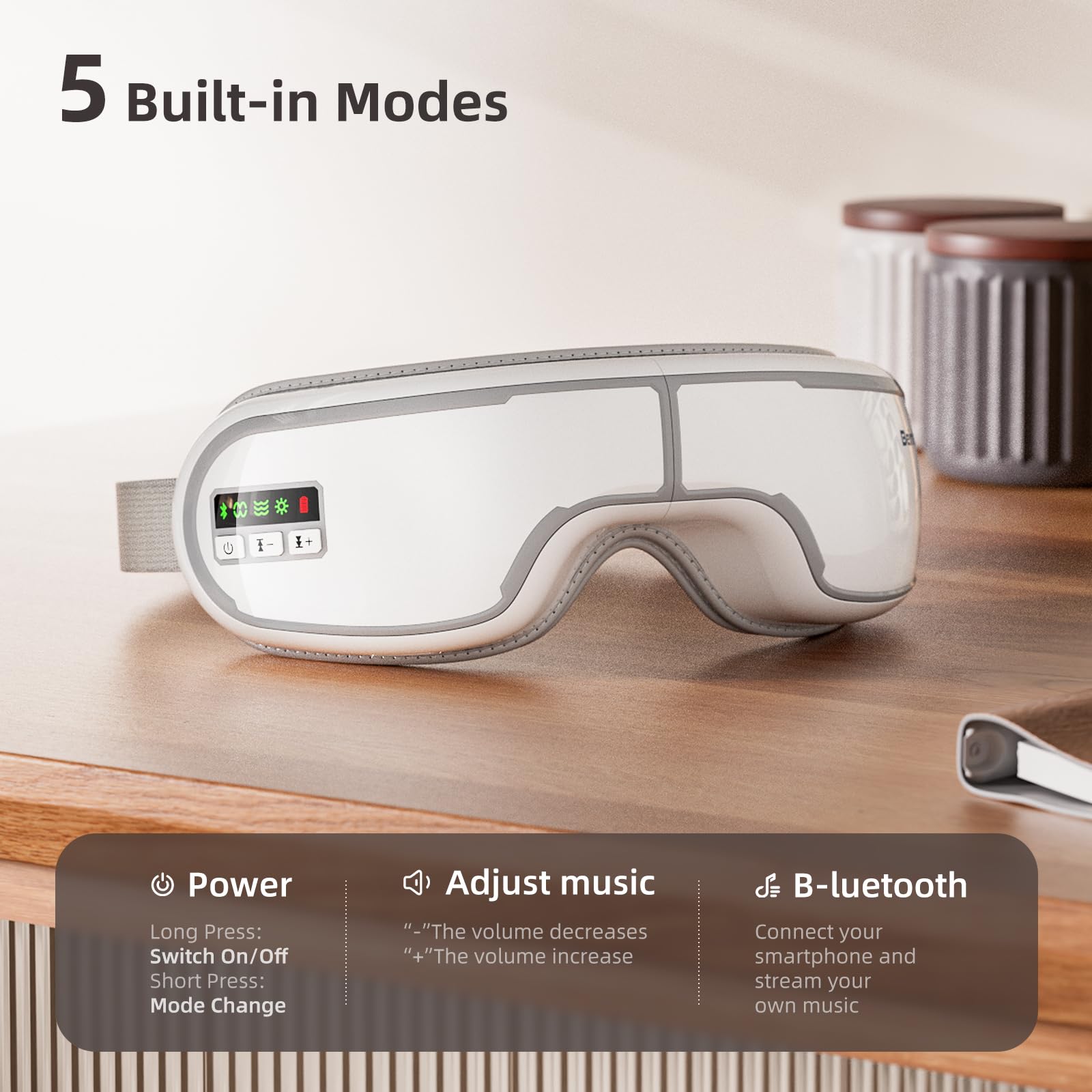 5 Built-in Modes

Power
- Long Press: Switch On/Off
- Short Press: Mode Change

Adjust music
- "-" The volume decreases
- "+" The volume increases

B-luuetooth
- Connect your smartphone and stream your own music