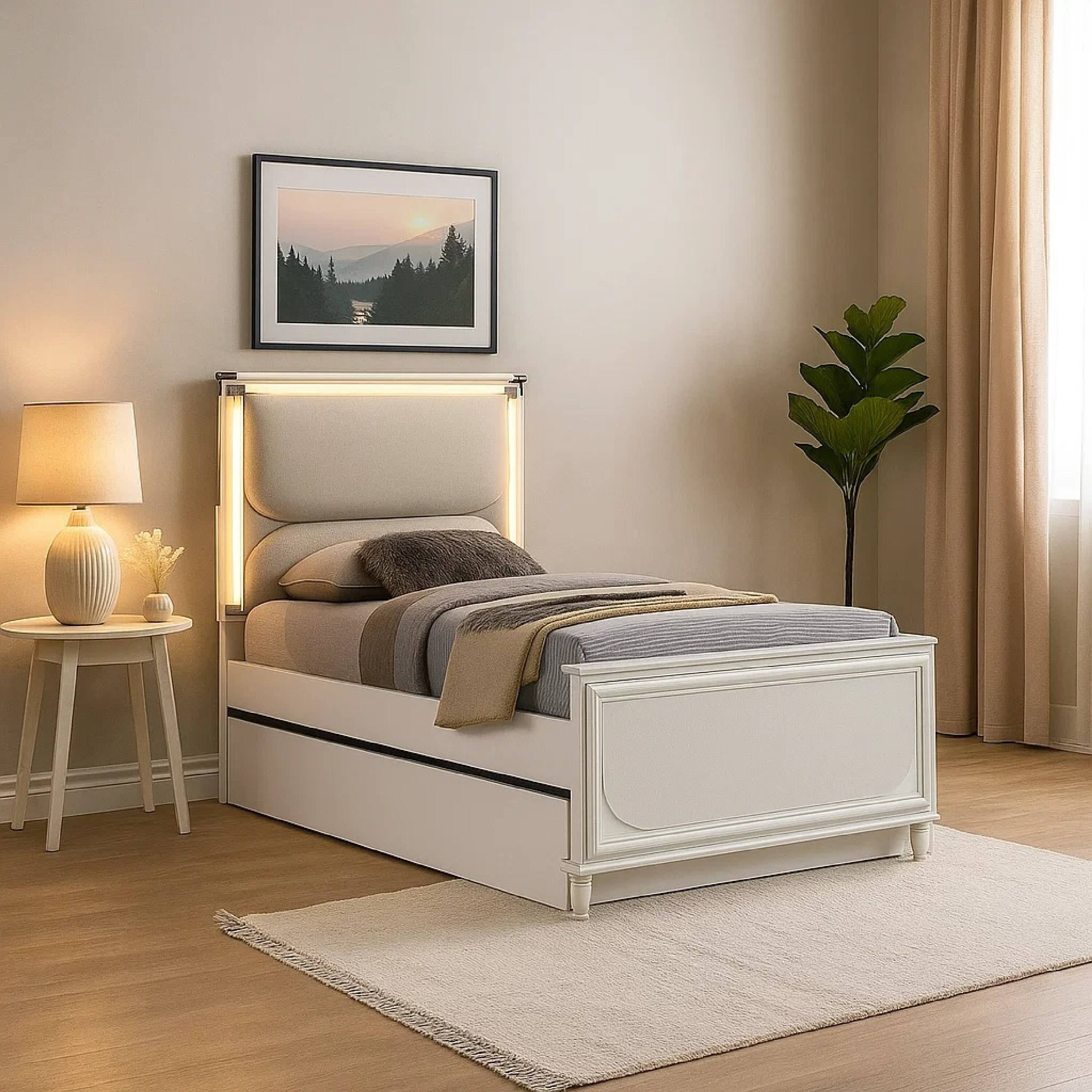 Alt View 3. Manhattan Lane - Dima Full Size Bed with Pull Out Trundle and LED Headboard - Pearl White, Clear.