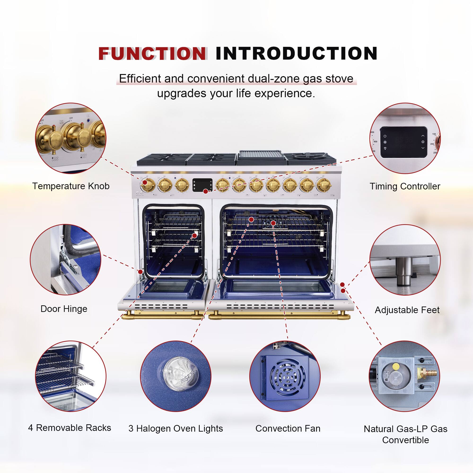 FUNCTION INTRODUCTION  
Efficient and convenient dual-zone gas stove upgrades your life experience.  

- 10 Temperature Knob  
- Timing Controller  
- Door Hinge  
- Adjustable Feet  
- 4 Removable Racks  
- 3 Halogen Oven Lights  
- Convection Fan  
- Natural Gas-LP Gas Convertible