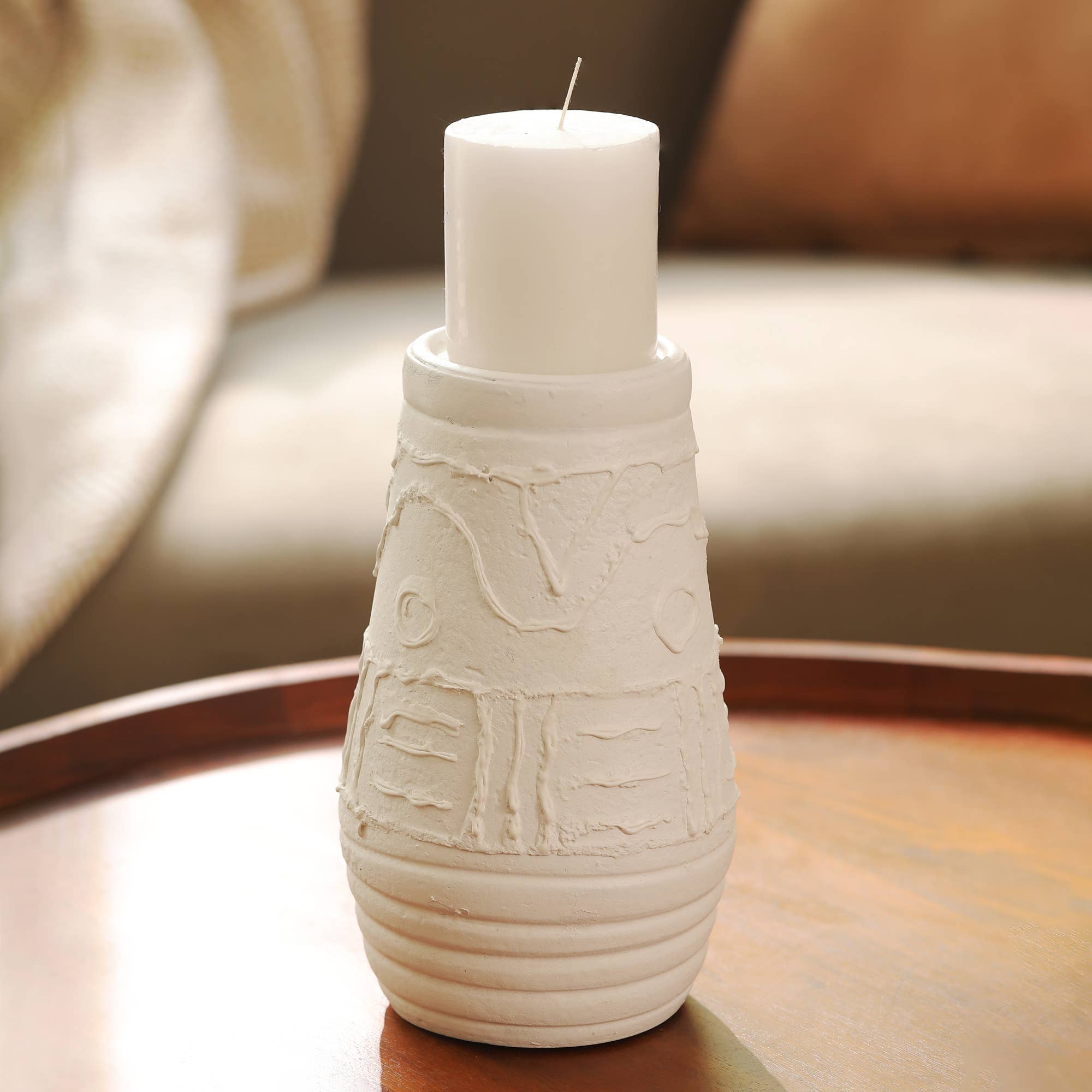 Angle. TinyHomie - Zhazira Home Décor Organic Pattern Terracotta Candle Holder Large.