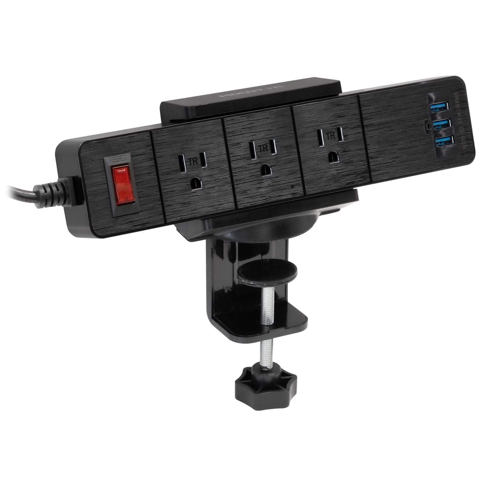 Mount-It! - Clamp‑On Desktop Power Strip with Surge Protection, 3 USB Ports & 3 AC Outlets for Convenient Desk Power - Black