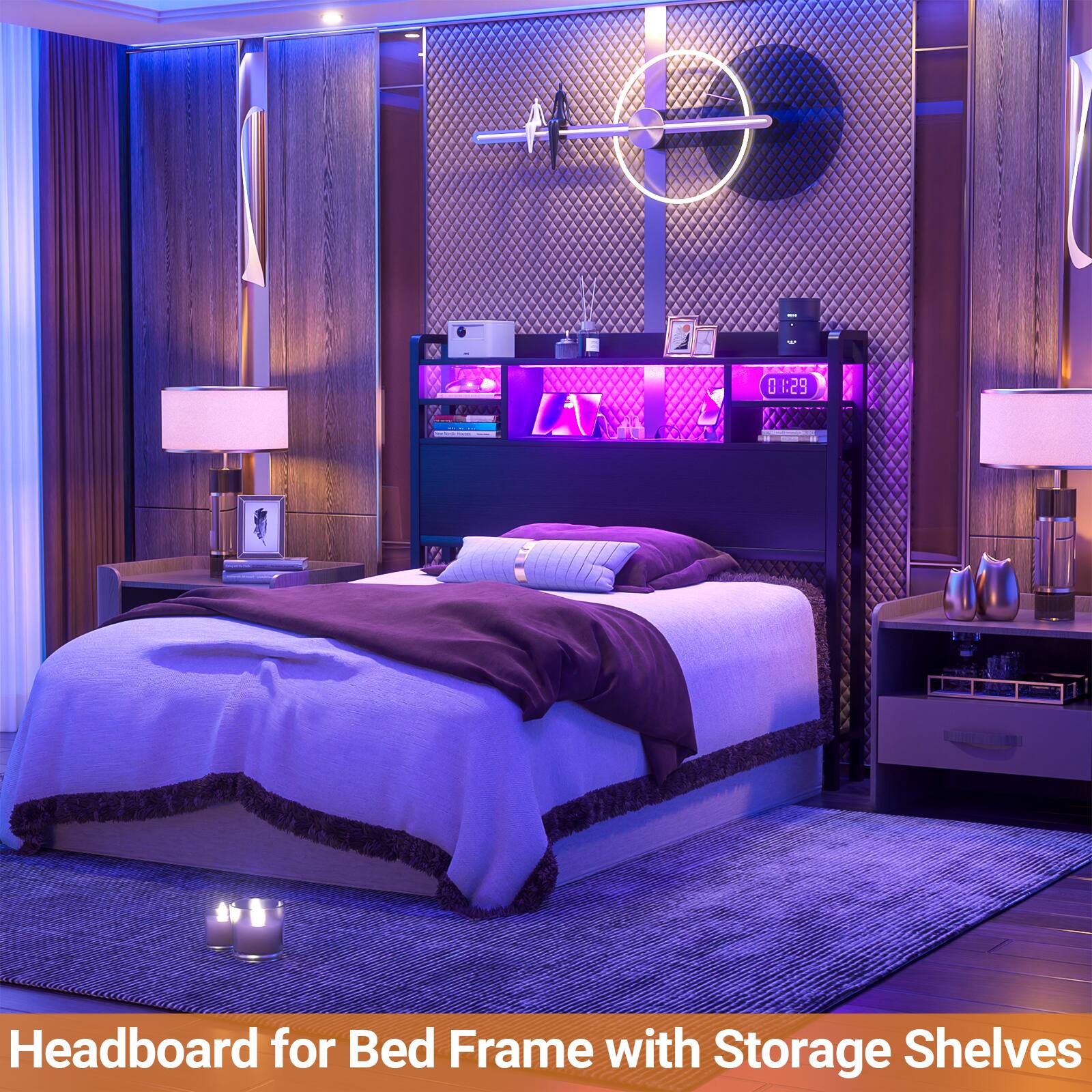 Headboard for Bed Frame with Storage Shelves