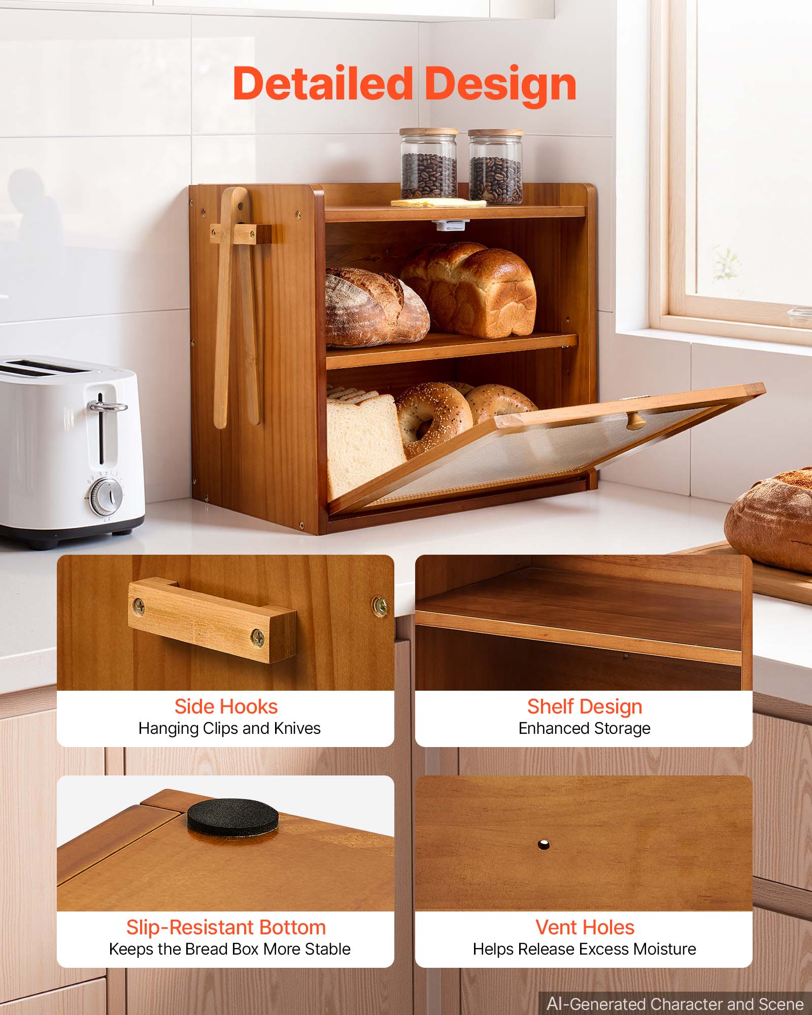 Detailed Design

Side Hooks
Hanging Clips and Knives

Shelf Design
Enhanced Storage

Slip-Resistant Bottom
Keeps the Bread Box More Stable

Vent Holes
Helps Release Excess Moisture

AI-Generated Character and Scene