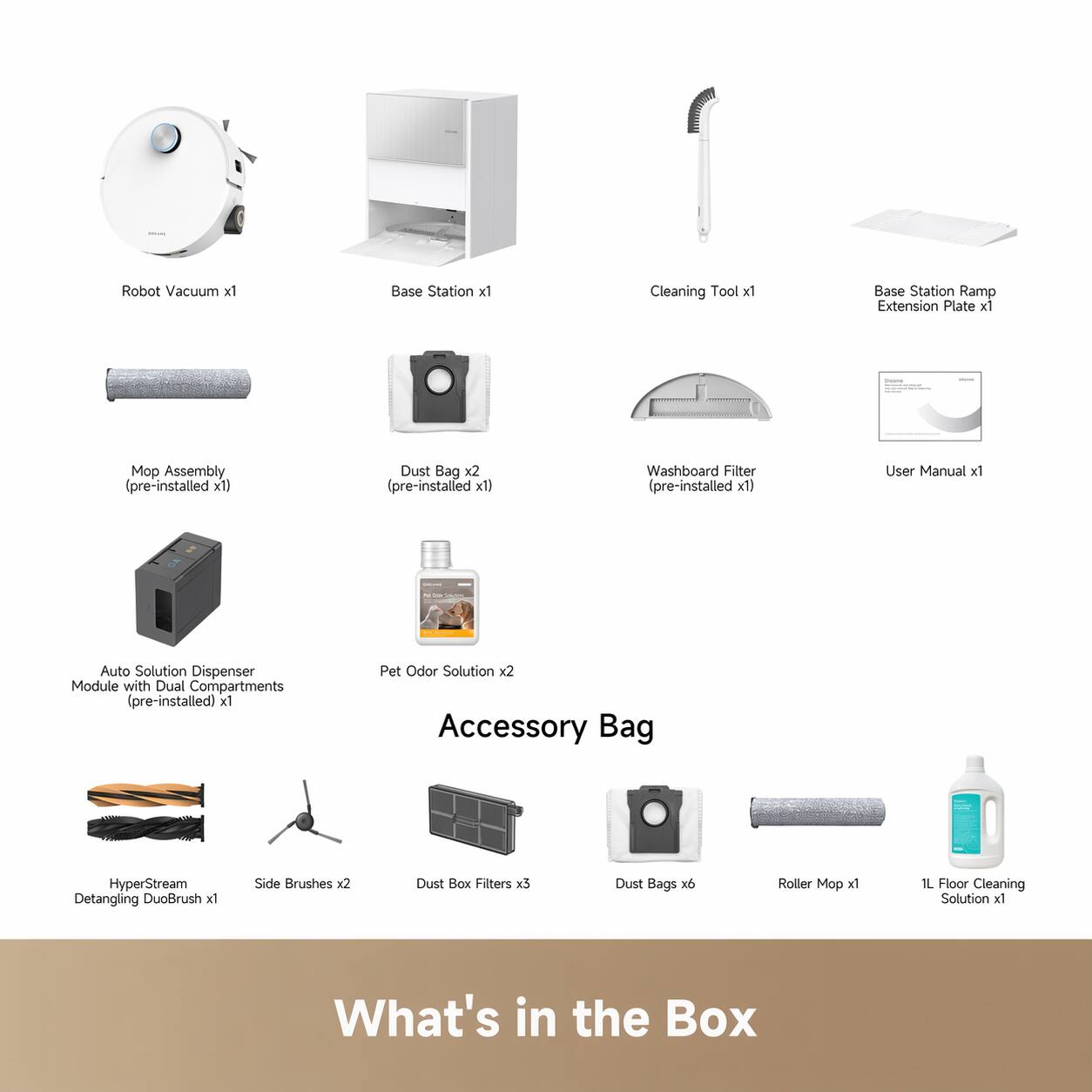Robot Vacuum x1  
Base Station x1  
Cleaning Tool x1  
Base Station Ramp Extension Plate x1  
Mop Assembly (pre-installed x1)  
Dust Bag x2 (pre-installed x1)  
Washboard Filter (pre-installed x1)  
User Manual x1  
Auto Solution Dispenser Module with Dual Compartments (pre-installed) x1  
Pet Odor Solution x2  
Accessory Bag  
HyperStream Detangling DuoBrush x1  
Side Brushes x2  
Dust Box Filters x5  
Dust Bags x6  
Roller Mop x1  
1L Floor Cleaning Solution x1  

What's in the Box