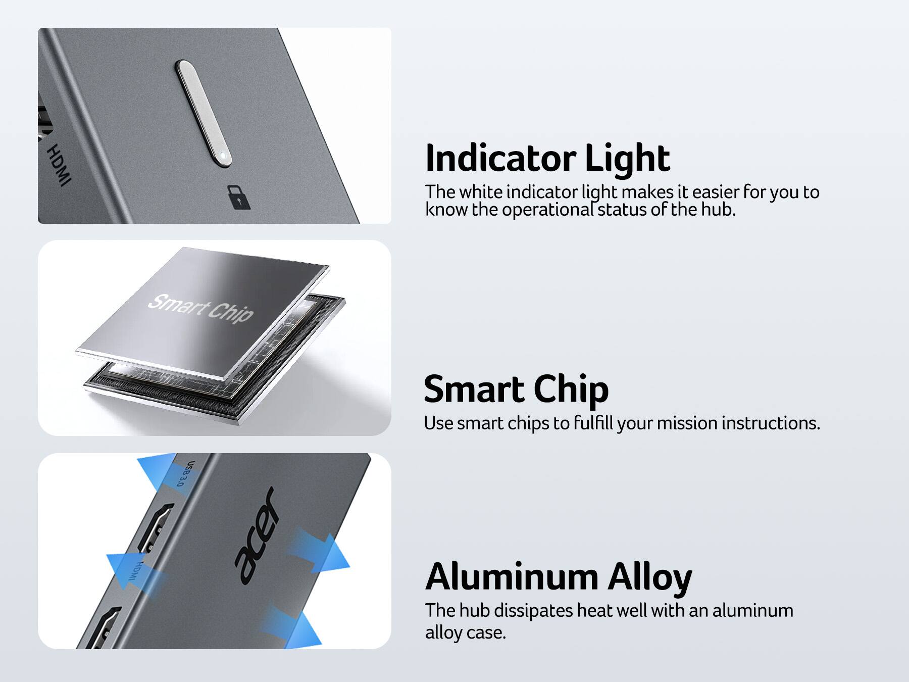 Indicator Light  
The white indicator light makes it easier for you to know the operational status of the hub.

Smart Chip  
Use smart chips to fulfill your mission instructions.

Aluminum Alloy  
The hub dissipates heat well with an aluminum alloy case.