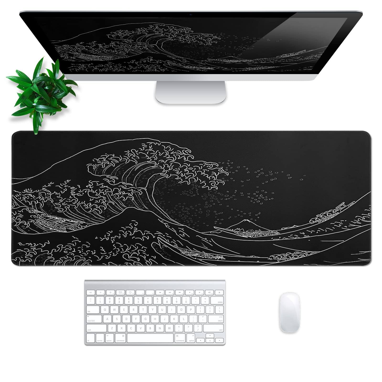 Back. Cozy Serene - Gaming Mouse Pad Abstract Black 31 5x11 8 Inch Sea Wave Texture Non-slip Rubber Base Large Mousepad Stitched Edges Mat - Japanese Sea Wave.