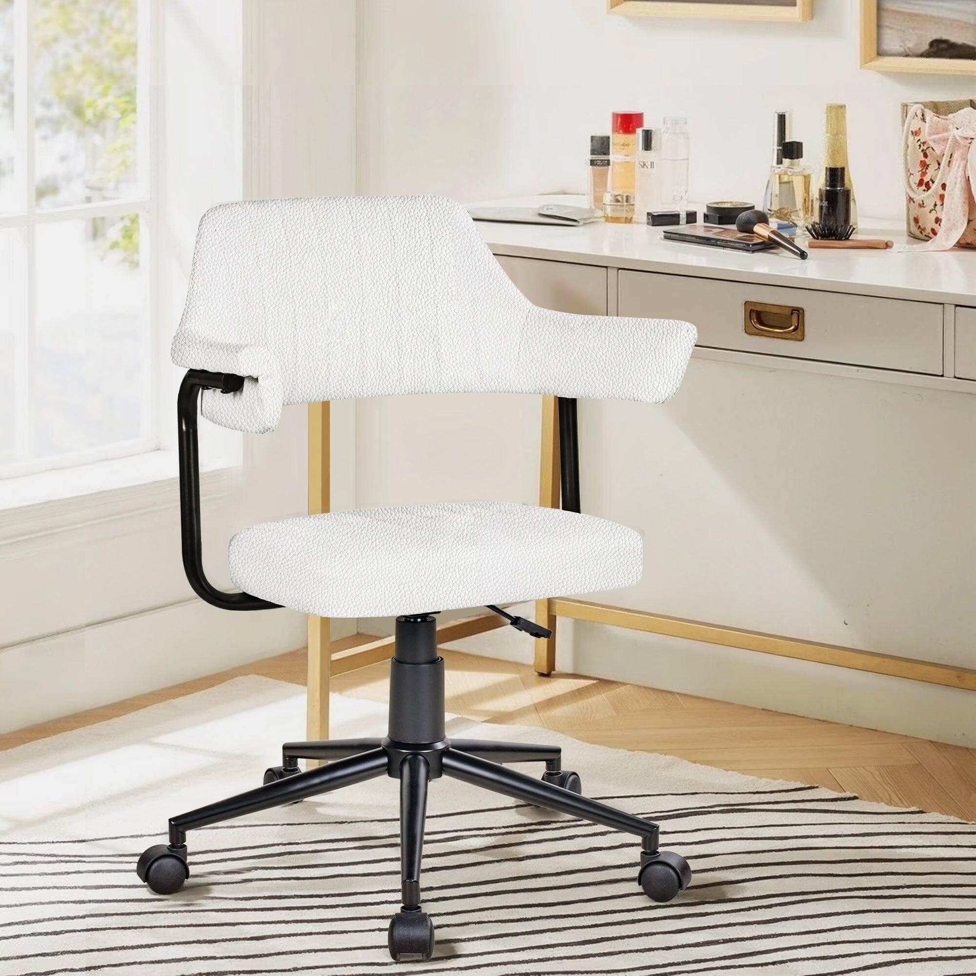 Alt View 2. Vecelo - PU Leather Vanity Chair with Adjustable Height - 360° Swivel Office Chair, High-Density Foam Desk Chair with Backrest - Beige.