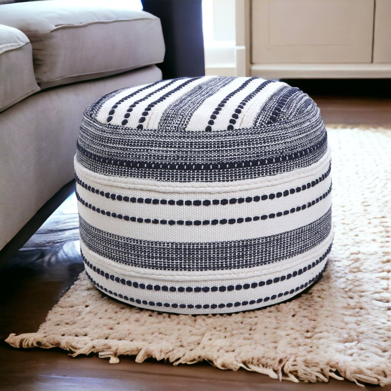Alt View 2. Hivvago - Hivvago 18 Inch Cotton Cylinder Striped Pouf Ottoman - Blue, White.