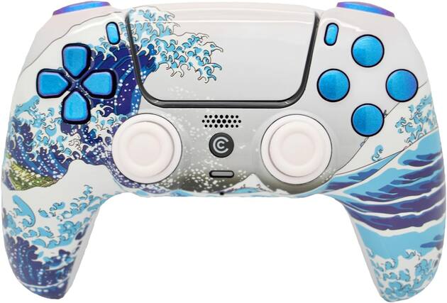 Front. Custom Controllerzz - Custom Wireless Controller for PS5 - Waves & Chameleon Inserts.