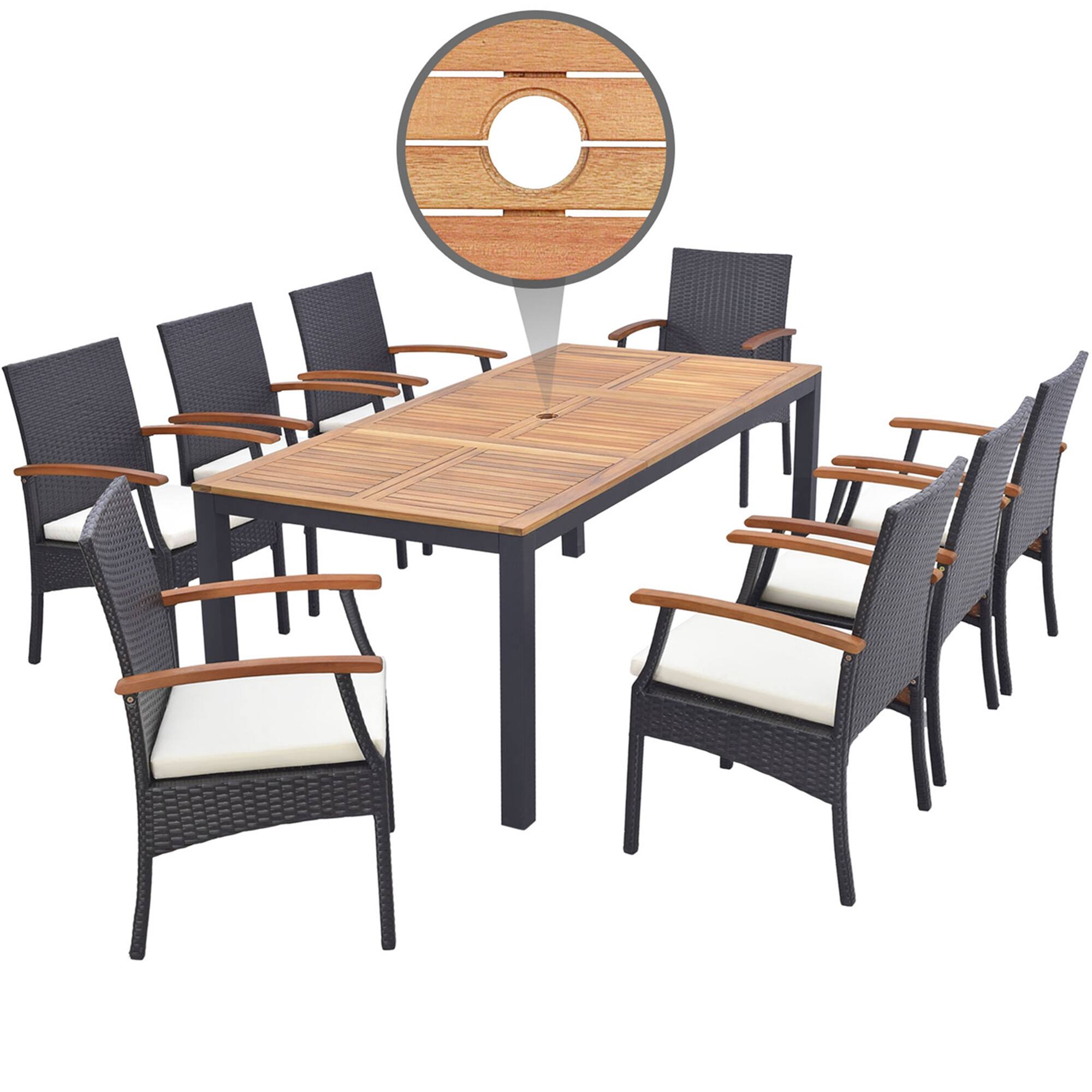 Alt View 6. Costway - 9 PCS Patio Rattan Dining Set with Acacia Wood Table, Cushions, 1.9" Umbrella Hole - Mix Brown + Off White.