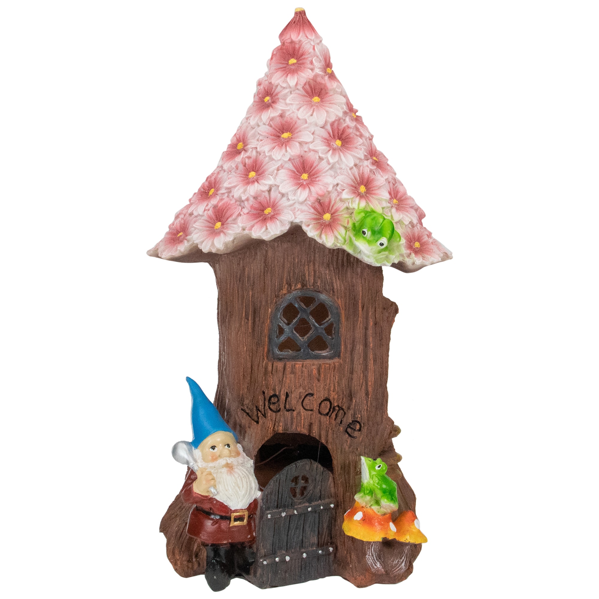 Northlight - 14" Solar Lighted Bless Our Home Gnome Tree House Outdoor Garden Statue - Brown