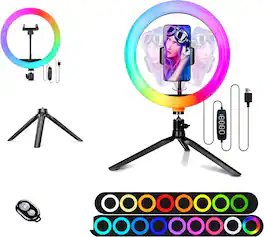 Schertz - 10" RGB Selfie Ring Light with 4" Tripod & Phone Holder – Dimmable LED for Makeup, Video, TikTok (STDLR10-V2)