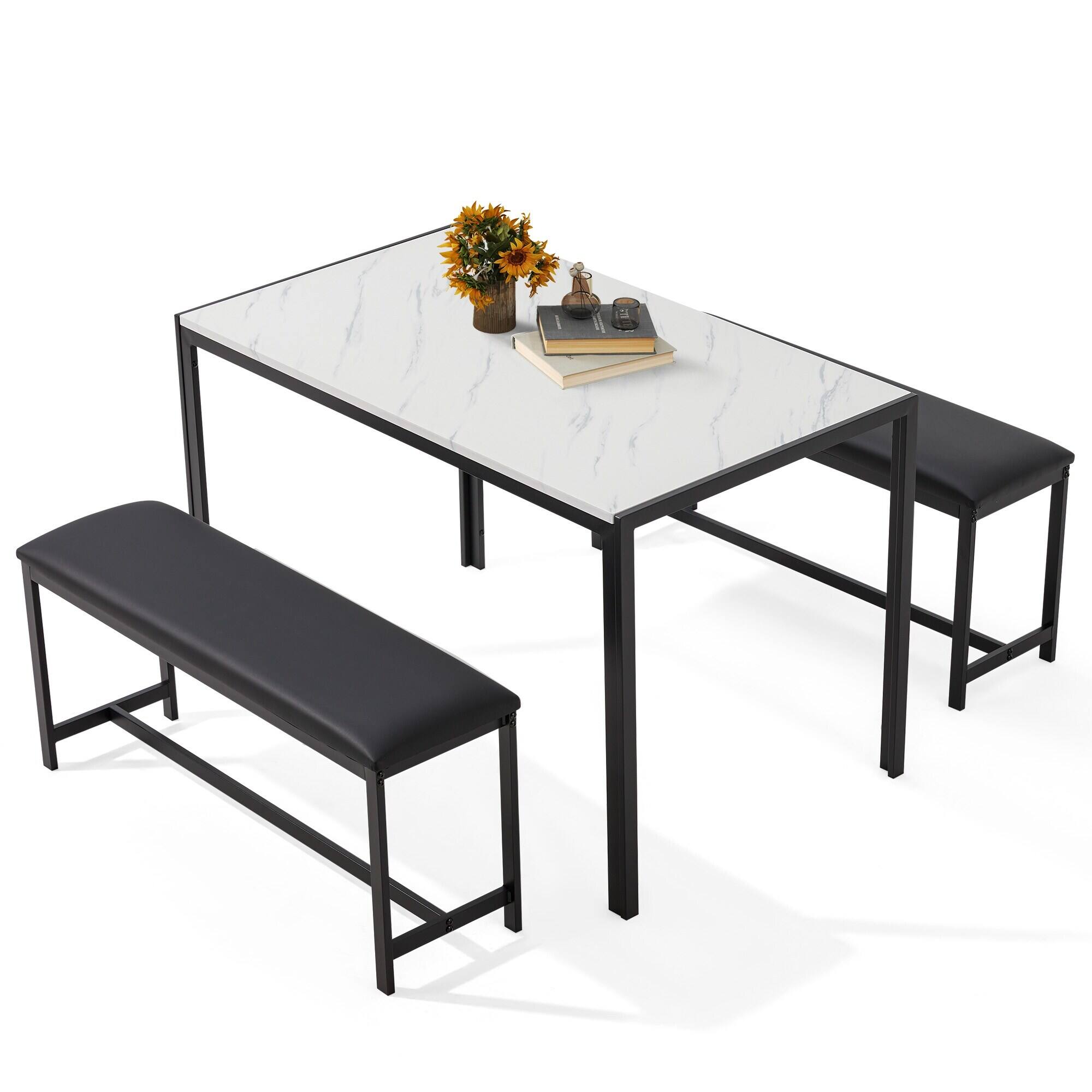 Left. U-HOMY - 3-Piece Dining Table Set for 4-6, Faux Marble Top with PU Leather Benches and Storage Shelf - Black&White.