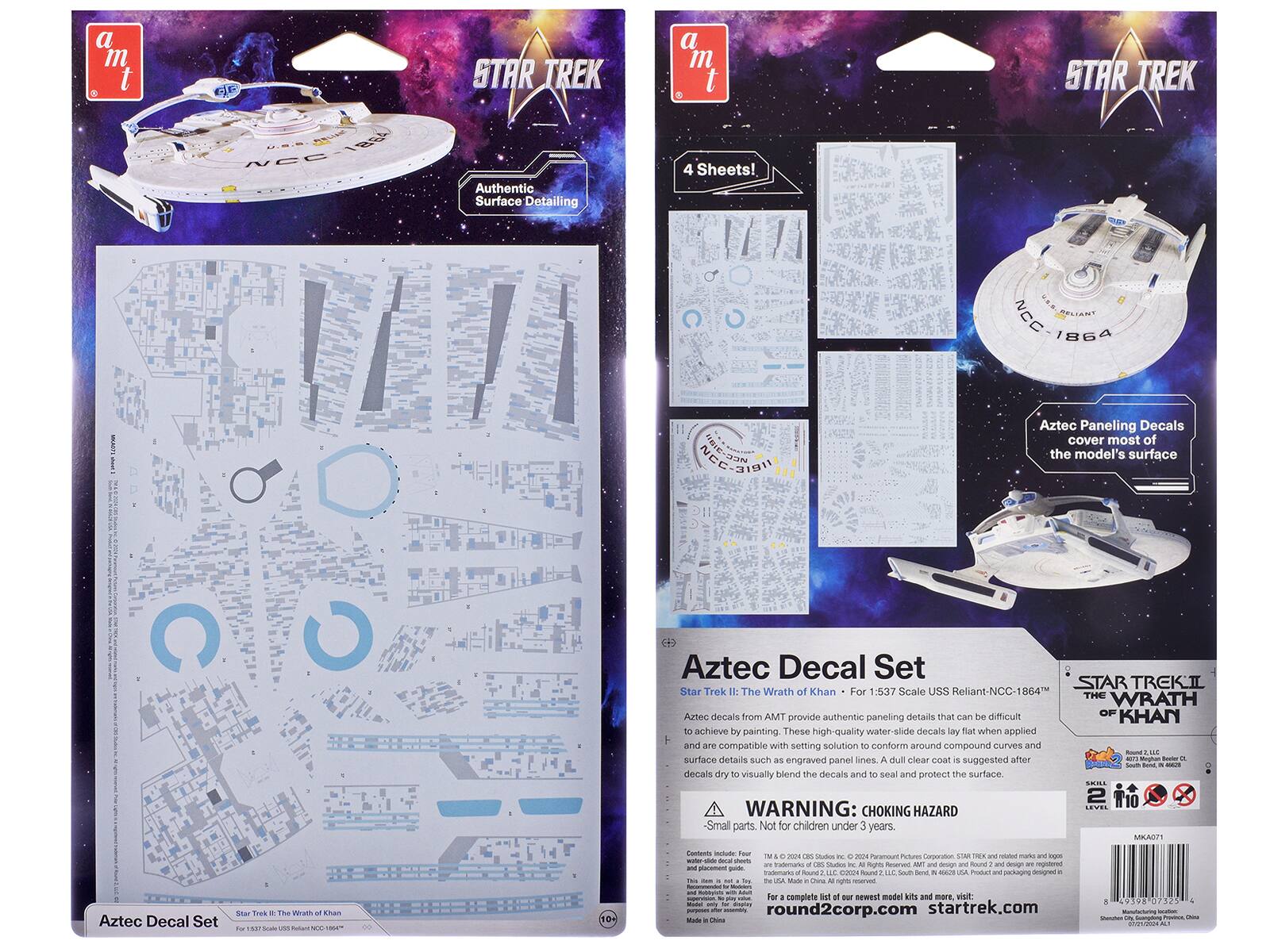 Sure, here is the corrected and grouped text from the image:

---

**a m t**

**STAR TREK**

**Authentic Surface Detailing**

**4 Sheets!**

**Aztec Paneling Decals cover most of the model's surface**

**Aztec Decal Set**

**Star Trek II: The Wrath of Khan**

**For 1:537 Scale USS Reliant-NCC-1864**

**Aztec decals from AMT provide authentic paneling details that can be difficult to achieve by painting. These high-quality water-slide decals lay flat when applied and are compatible with setting solution to conform around compound curves and surface details such as engraved panel lines. A dull clear coat is suggested after decals dry to visually blend the decals and seal and protect the surface.**

**WARNING: CHOKING HAZARD - Small parts. Not for children under 3 years.**

**Aztec Decal Set**

**Star Trek II: The Wrath of Khan**

**For 1:537 Scale USS Reliant-NCC-1864**

**Aztec decals from AMT provide authentic paneling details that can be difficult to achieve by painting. These high-quality water-slide decals lay flat when applied and are compatible with setting