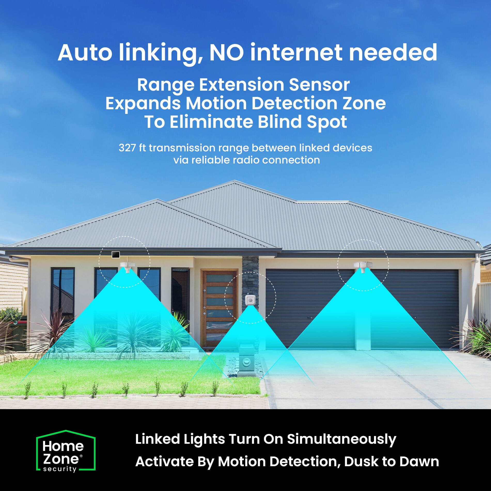 Auto linking, NO internet needed  
Range Extension Sensor Expands Motion Detection Zone To Eliminate Blind Spot  
327 ft transmission range between linked devices via reliable radio connection  

Linked Lights Turn On Simultaneously  
Activate By Motion Detection, Dusk to Dawn