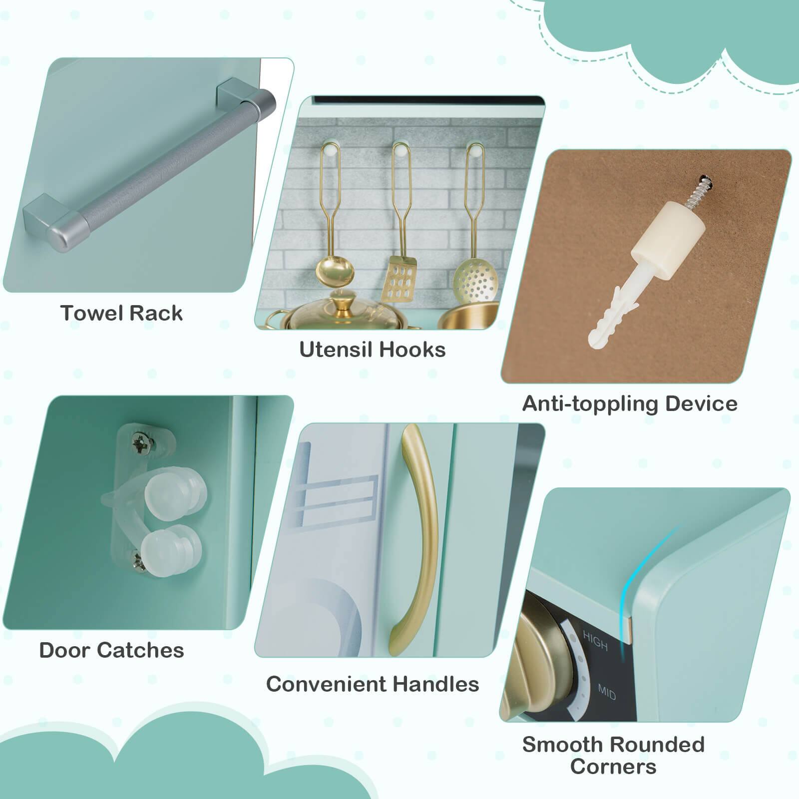 1. Towel Rack
2. Utensil Hooks
3. Anti-toppling Device
4. Door Catches
5. Convenient Handles
6. Smooth Rounded Corners