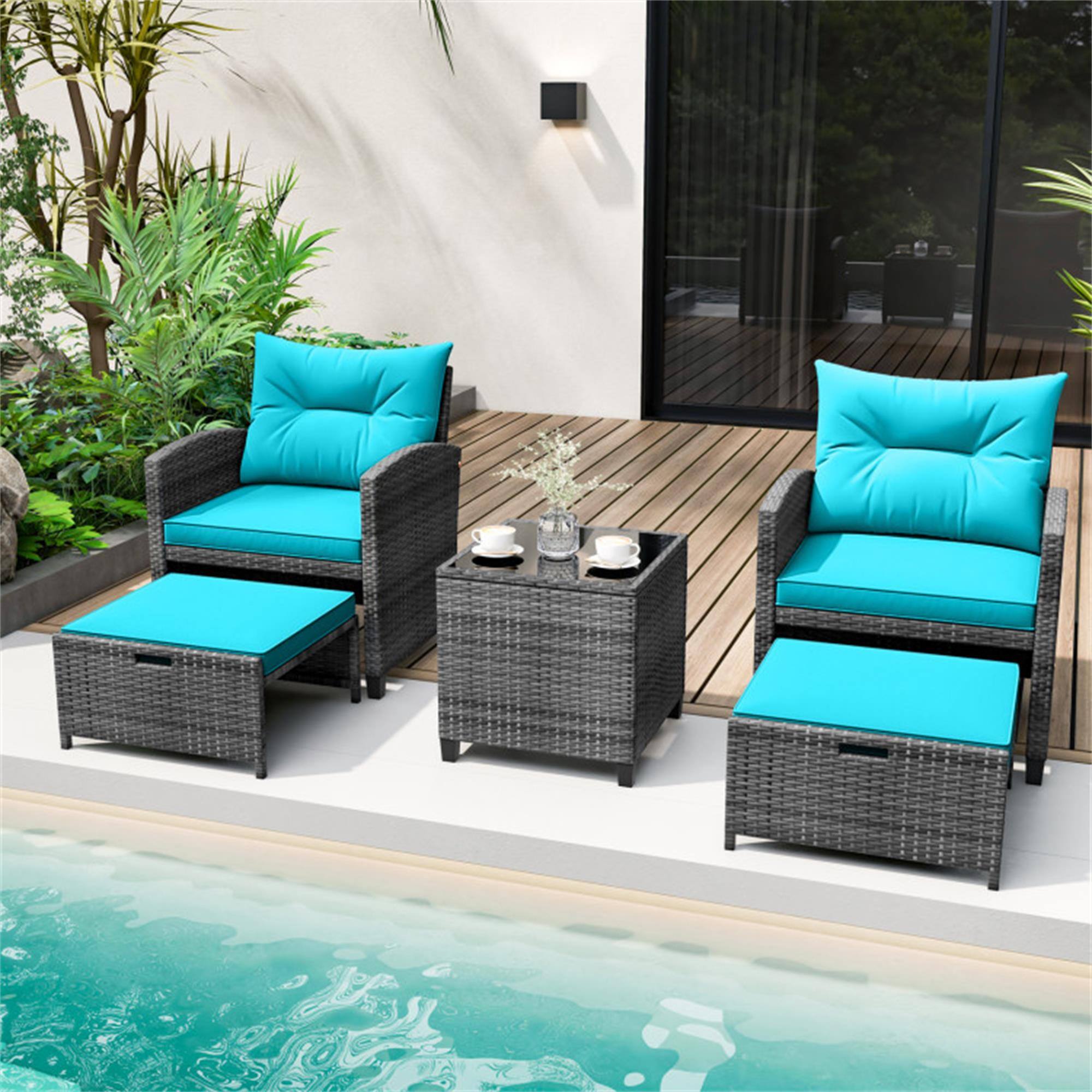 Alt View 1. Boyel Living - Turquoise 5 Piece Patio Rattan Furniture with 2 Ottomans and Tempered Glass Coffee Table-Turquoise 260-in W x 300-in D - Turquoise.